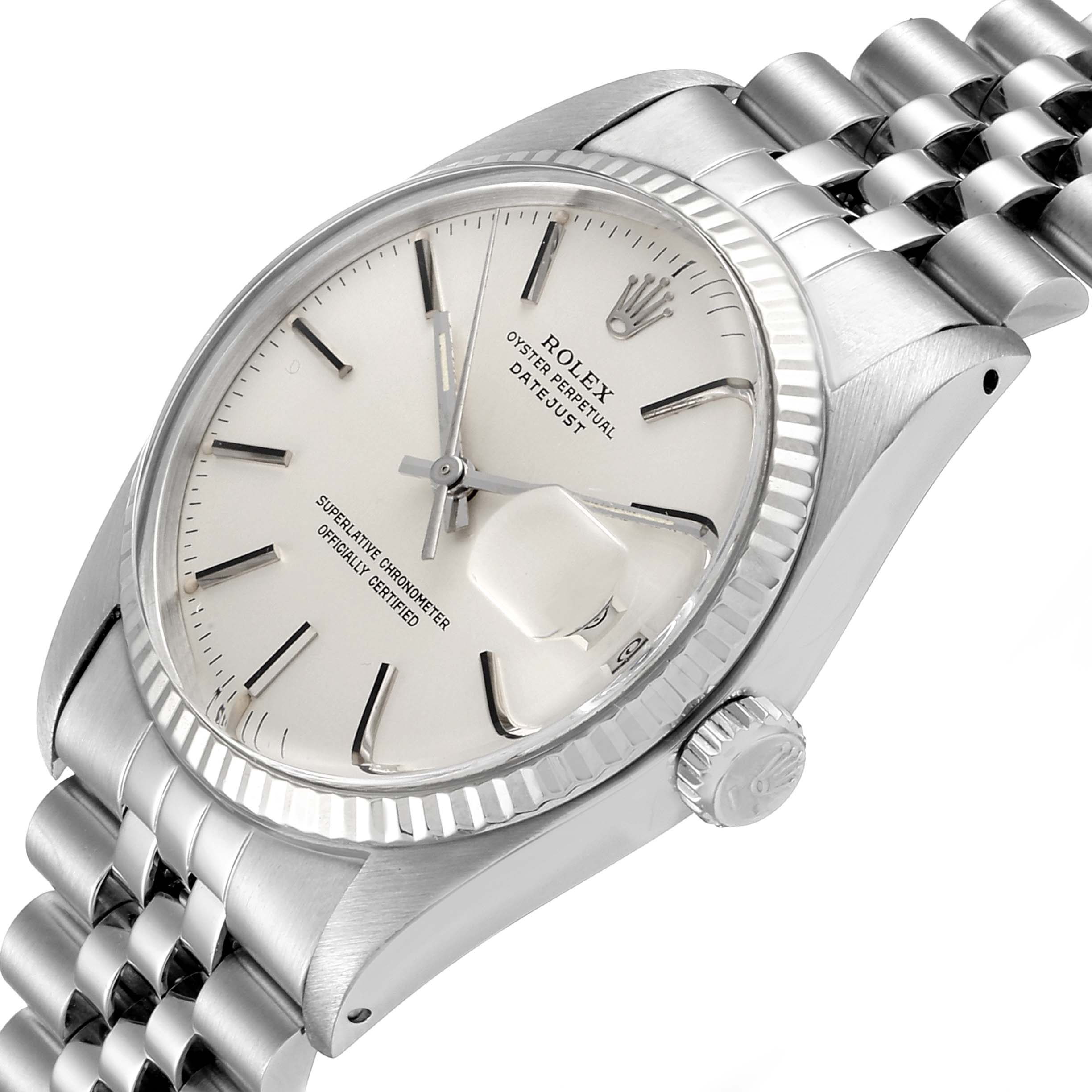 The image shows a close-up angled view of the Rolex Vintage Collection 16014 Men
s Stainless Steel Silver Dial 16014 Men
s Stainless Steel Silver Dial Oyster Perpetual Datejust watch, highlighting the face, case, crown, and bracelet.