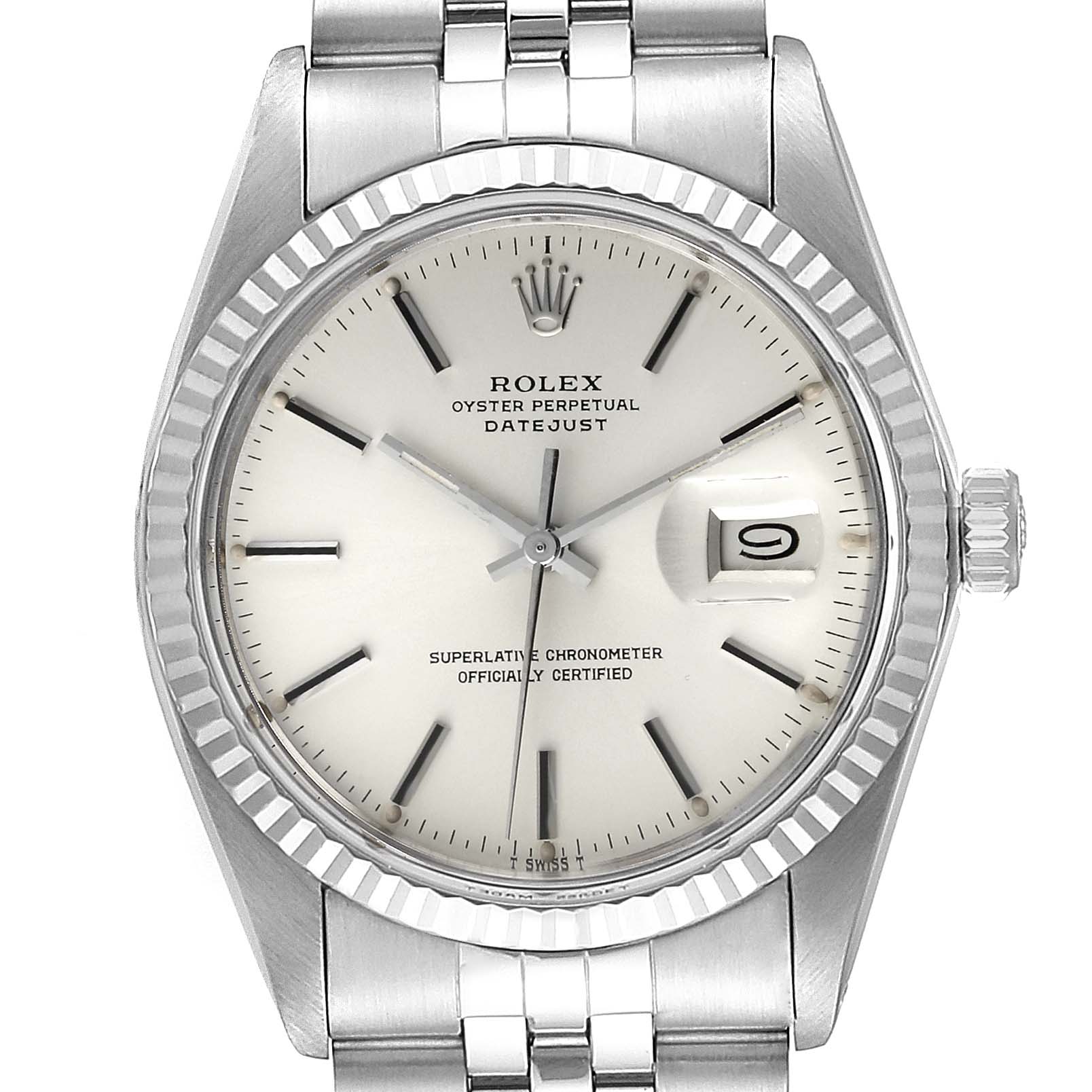 This is a front view of the Rolex Vintage Collection 16014 Men
s Stainless Steel Silver Dial 16014 Men
s Stainless Steel Silver Dial Oyster Perpetual Datejust, showcasing the dial, bezel, and part of the bracelet.