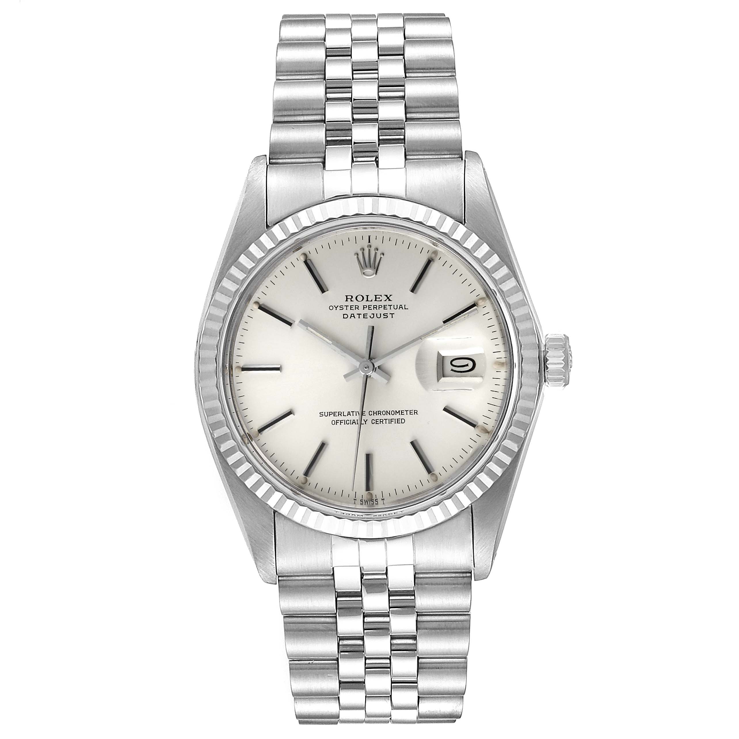 This is a front view of the Rolex Vintage Collection 16014 Men
s Stainless Steel Silver Dial 16014 Men
s Stainless Steel Silver Dial Oyster Perpetual Datejust watch, showcasing the face, bezel, and bracelet.