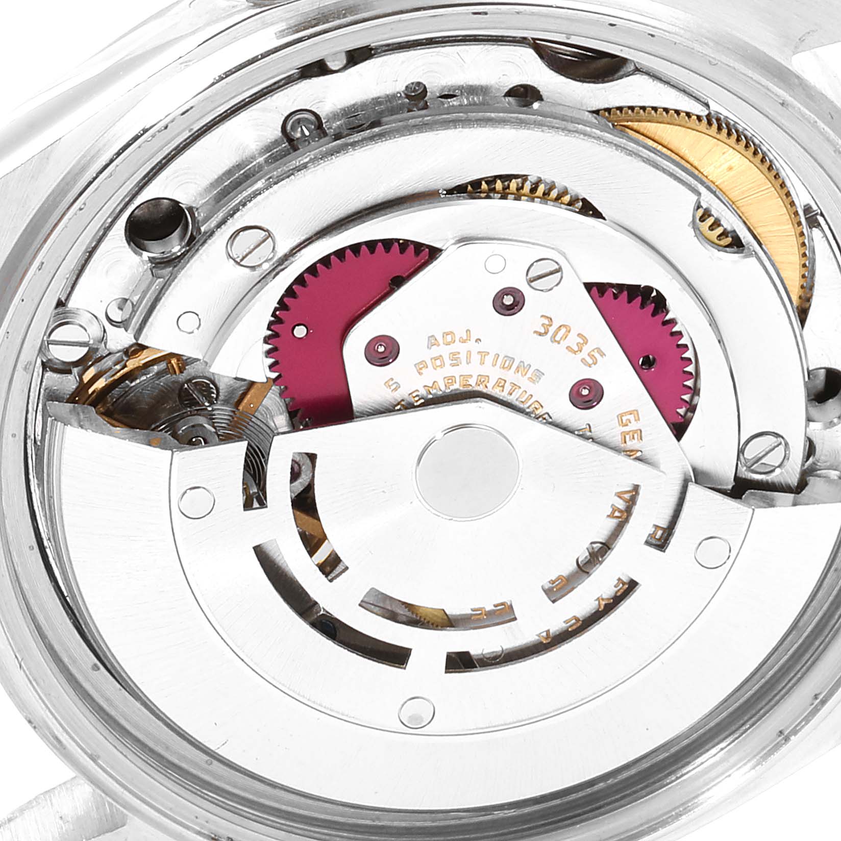 The image shows the inner mechanical movement of a Rolex Vintage Collection 16014 Men
s Stainless Steel Silver Dial 16014 Men
s Stainless Steel Silver Dial model from a back or transparent view.