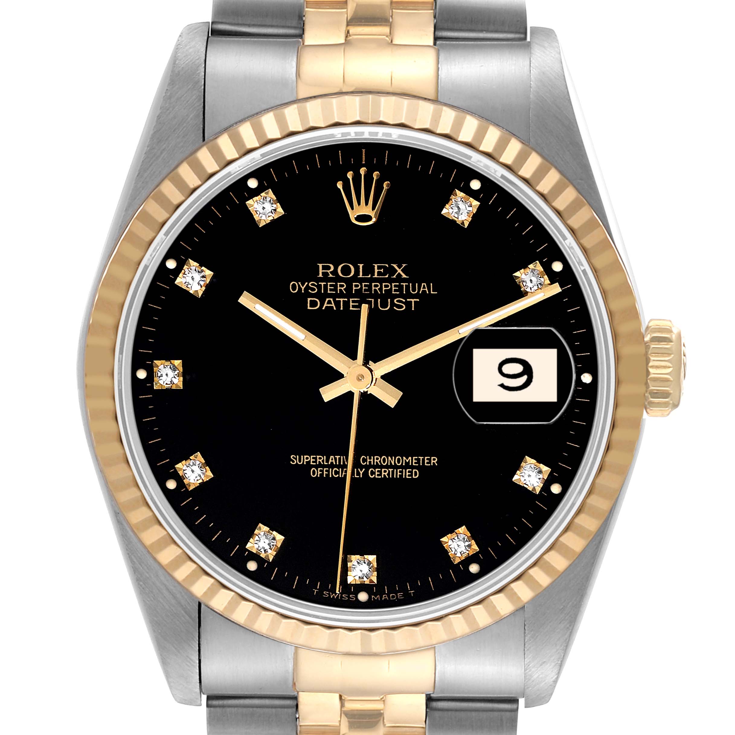 The image shows a front view of a Rolex Datejust 16233 Men's Steel and Gold (two tone) Black Dial 16233 Men's Steel and Gold (two tone) Black Dial watch, highlighting the dial, bezel, and part of the bracelet.