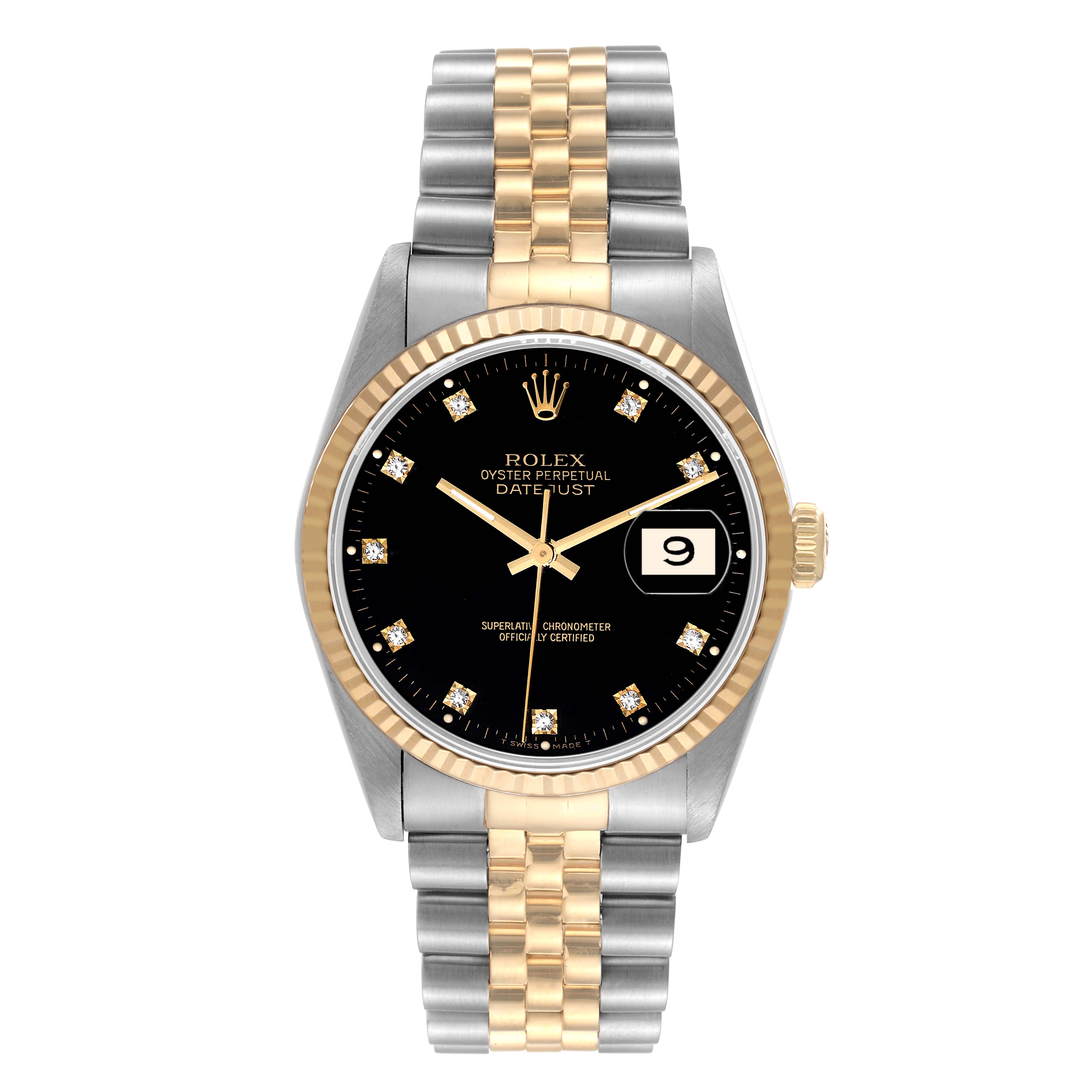 The image shows a front view of a Rolex Datejust 16233 Men's Steel and Gold (two tone) Black Dial 16233 Men's Steel and Gold (two tone) Black Dial watch, highlighting its two-tone bracelet, black dial, and fluted bezel.