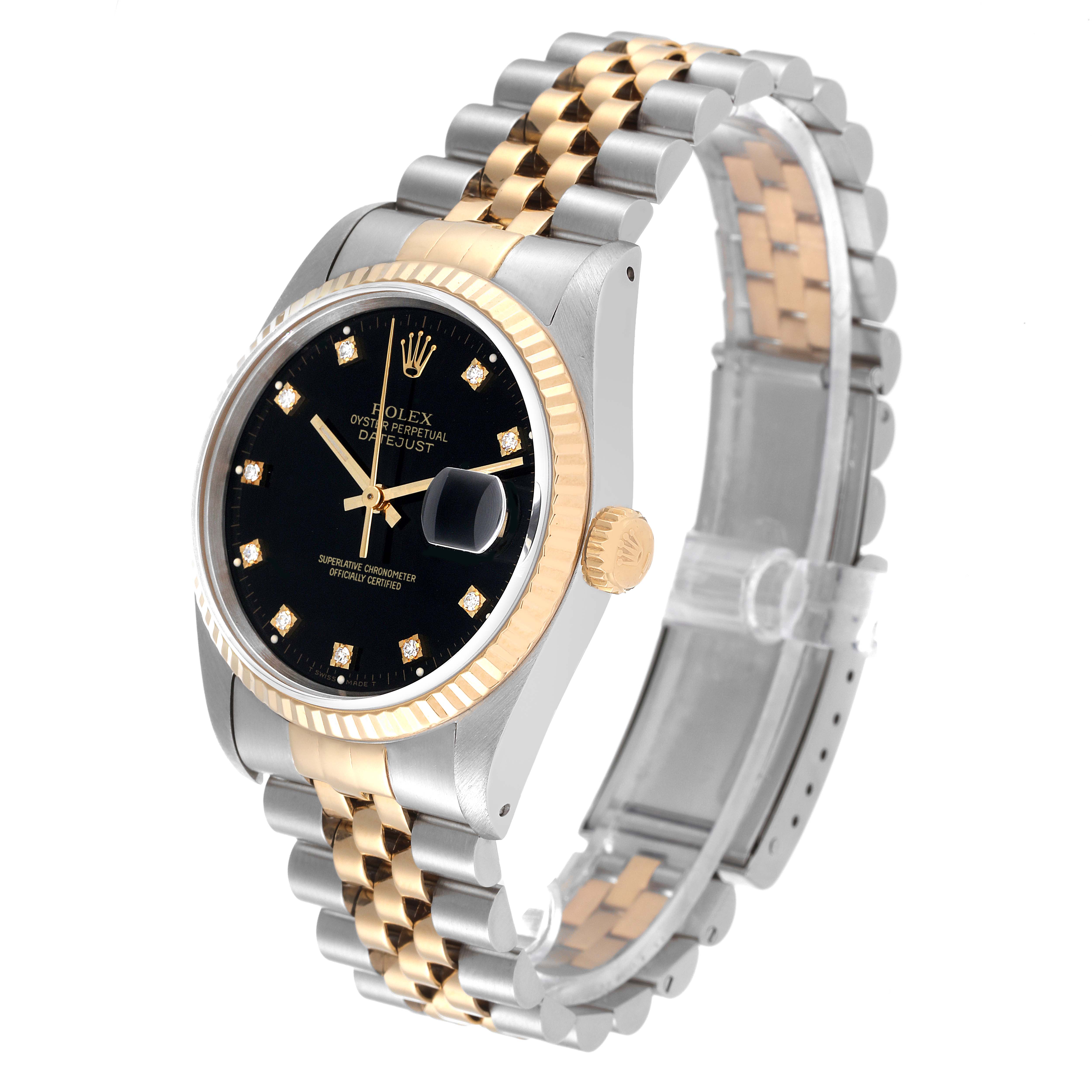 The image shows a Rolex Datejust 16233 Men's Steel and Gold (two tone) Black Dial 16233 Men's Steel and Gold (two tone) Black Dial watch at a three-quarter angle, highlighting its face, bezel, and two-tone bracelet.