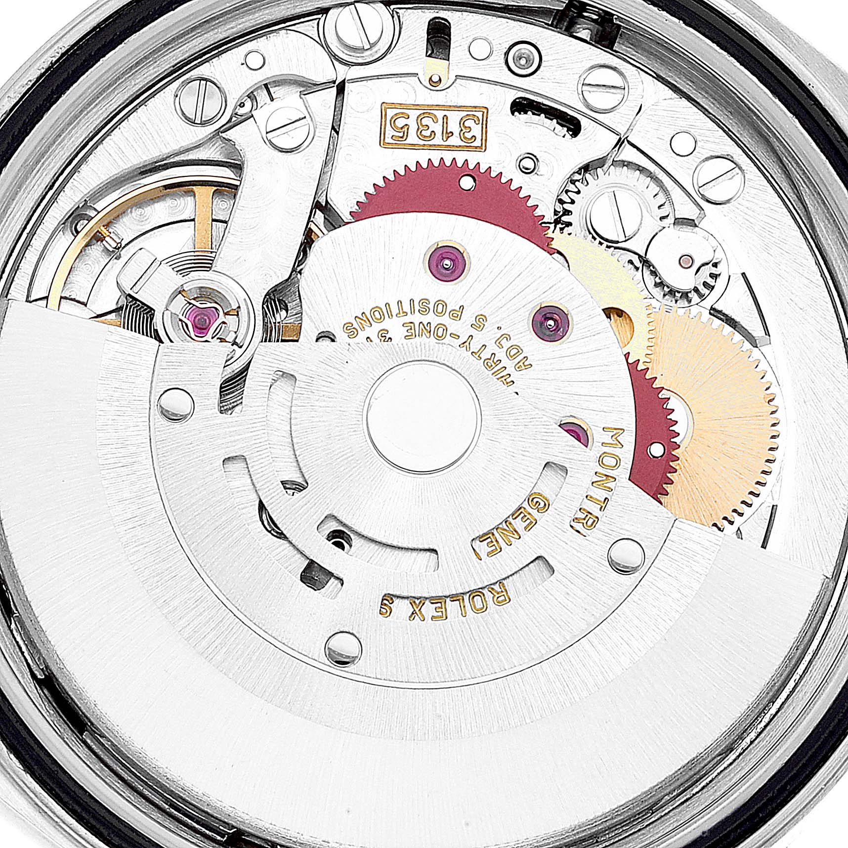 This image shows the inner mechanical movement of a Rolex Datejust 16233 Men's Steel and Gold (two tone) Black Dial 16233 Men's Steel and Gold (two tone) Black Dial watch at a close-up angle.