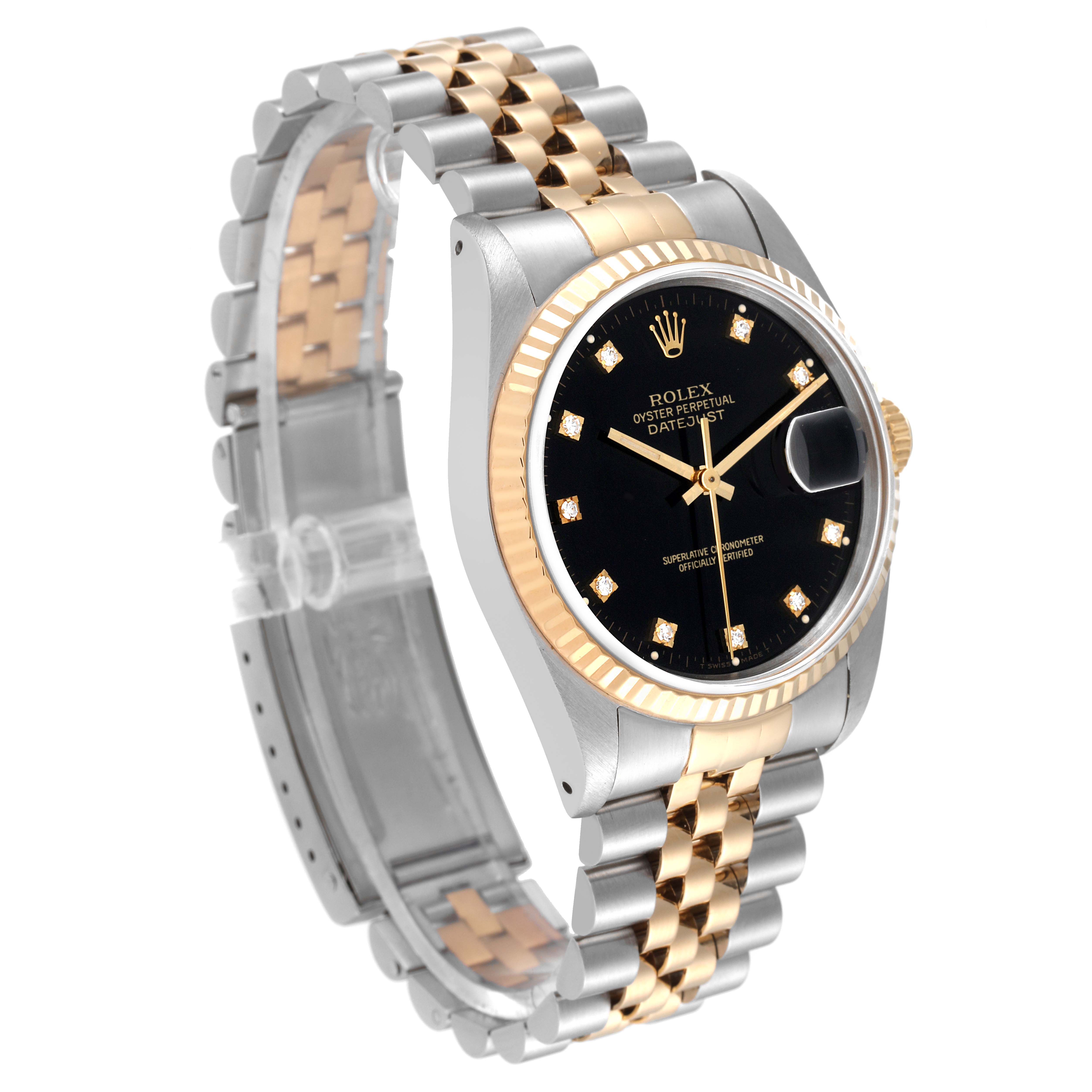 This Rolex Datejust 16233 Men's Steel and Gold (two tone) Black Dial 16233 Men's Steel and Gold (two tone) Black Dial watch is shown at an angle displaying its face, bezel, and part of the two-tone bracelet.