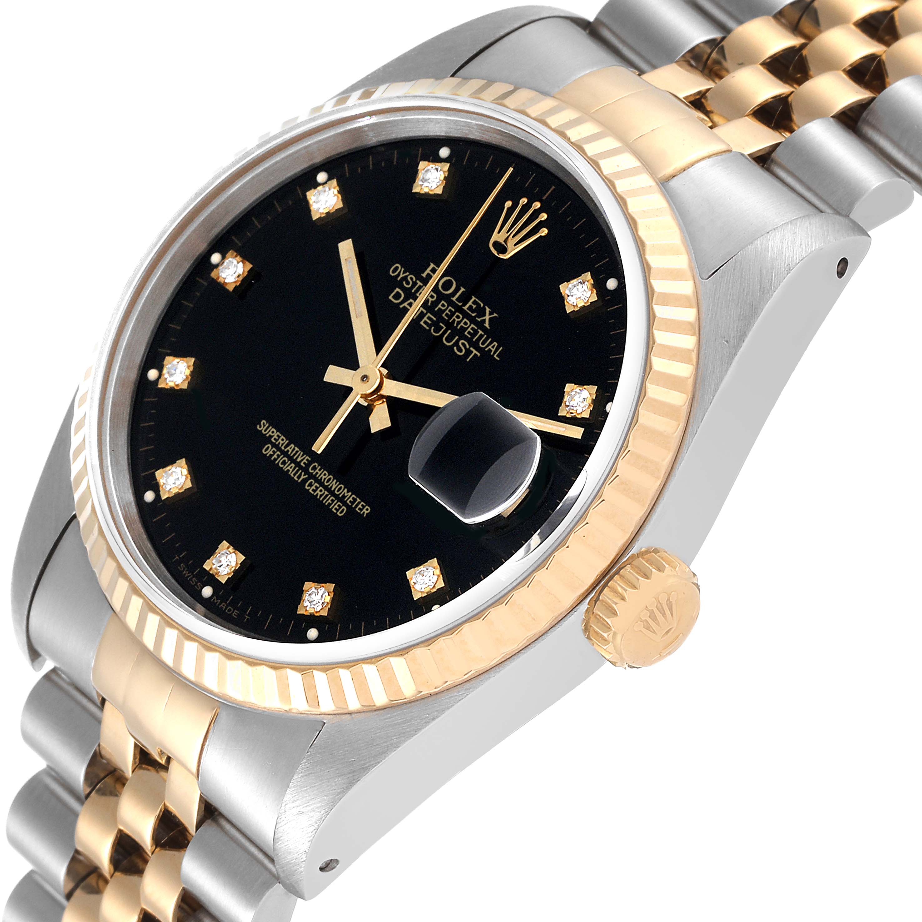 The Rolex Datejust 16233 Men's Steel and Gold (two tone) Black Dial 16233 Men's Steel and Gold (two tone) Black Dial watch is shown at an angled view, highlighting the black dial, gold fluted bezel, and two-tone bracelet.
