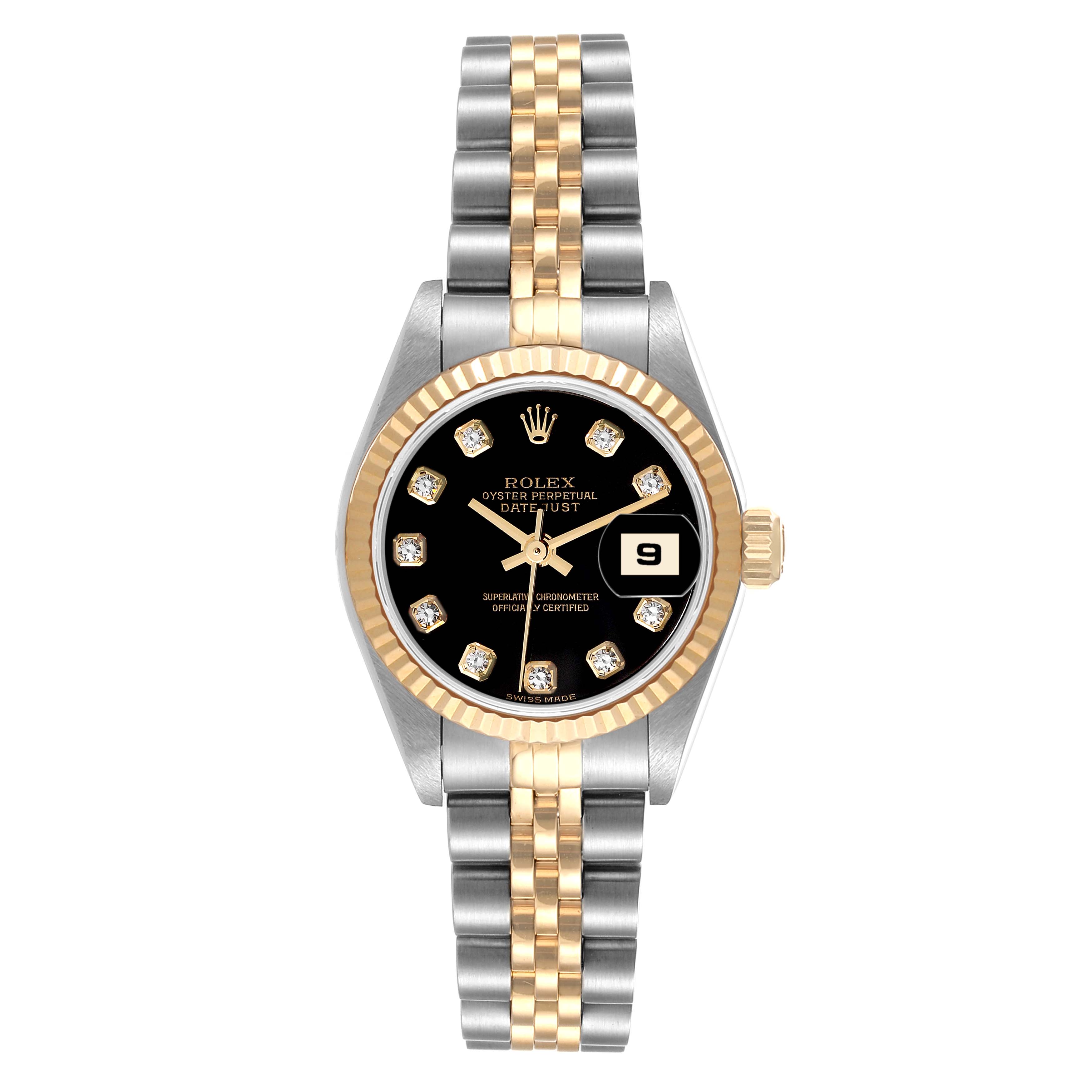 The image shows a front-facing Rolex Datejust 79173 Women's Steel and Gold (two tone) Black Dial 79173 Women's Steel and Gold (two tone) Black Dial watch with a black dial, diamond hour markers, gold fluted bezel, and two-tone jubilee bracelet.