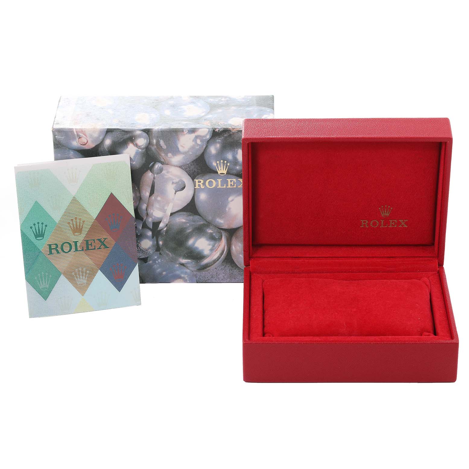 The image shows Rolex Datejust 79173 Women's Steel and Gold (two tone) Black Dial 79173 Women's Steel and Gold (two tone) Black Dial packaging with a red watch box, exterior box, and instruction manual.