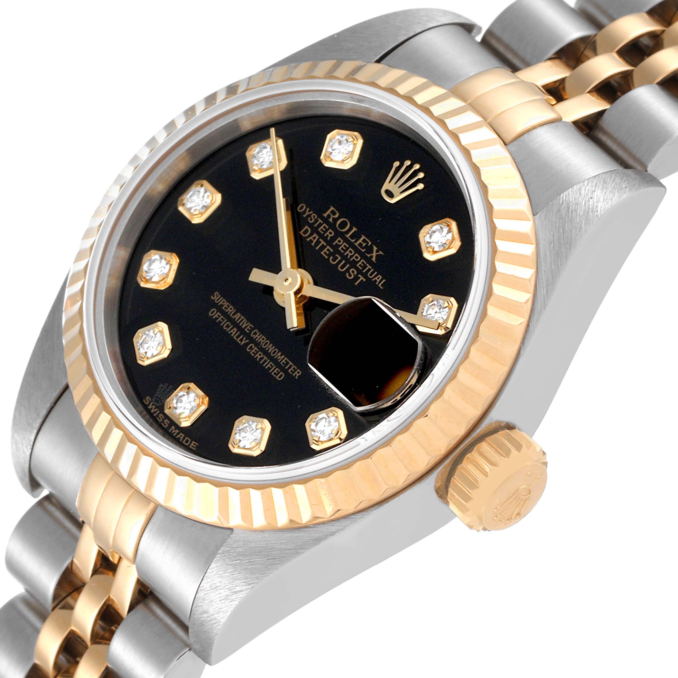 The image shows a Rolex Datejust 79173 Women's Steel and Gold (two tone) Black Dial 79173 Women's Steel and Gold (two tone) Black Dial watch angled to display its face, bezel, crown, and part of the bracelet.