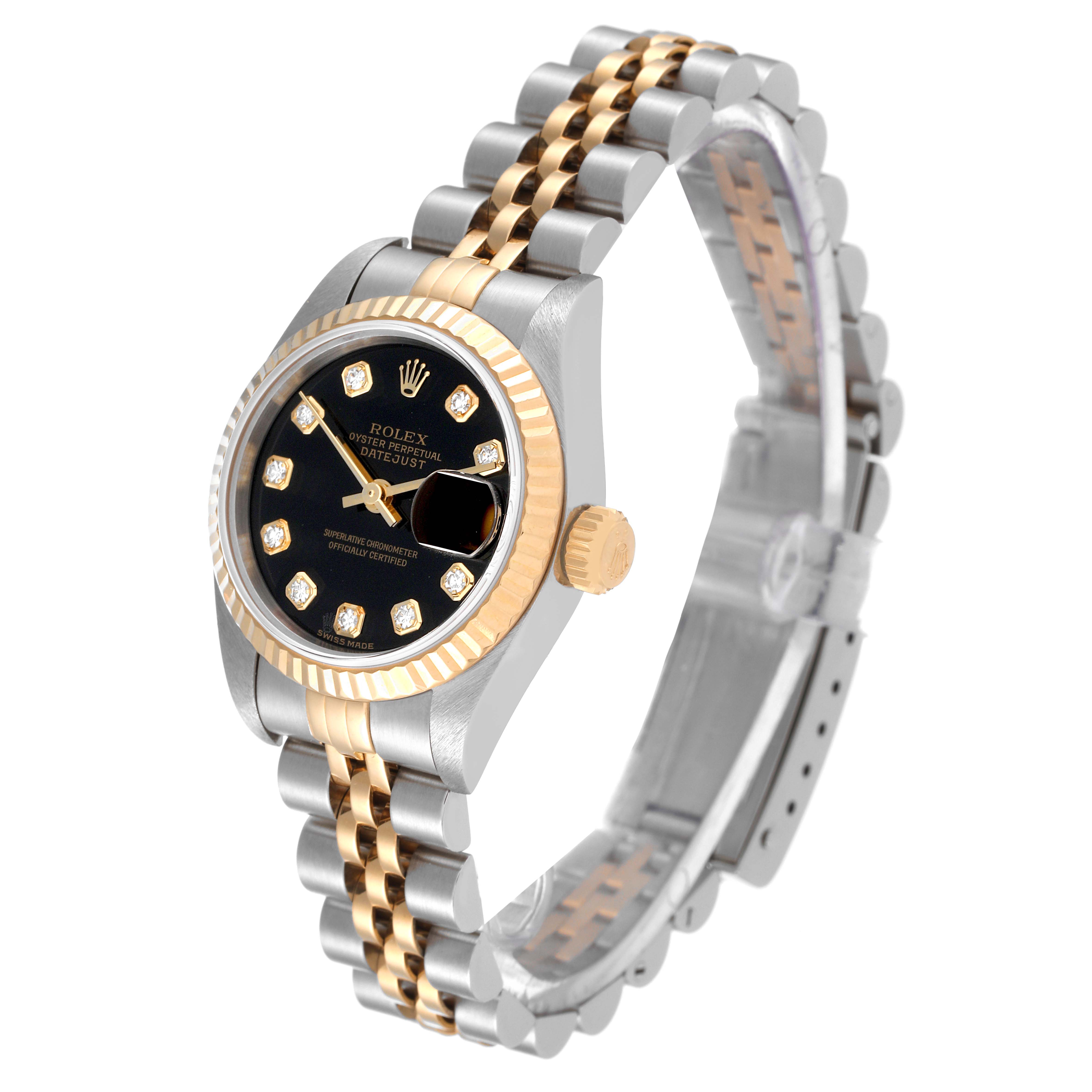 The Rolex Datejust 79173 Women's Steel and Gold (two tone) Black Dial 79173 Women's Steel and Gold (two tone) Black Dial watch is shown at an angled front view, displaying the face, bezel, and part of the bracelet.
