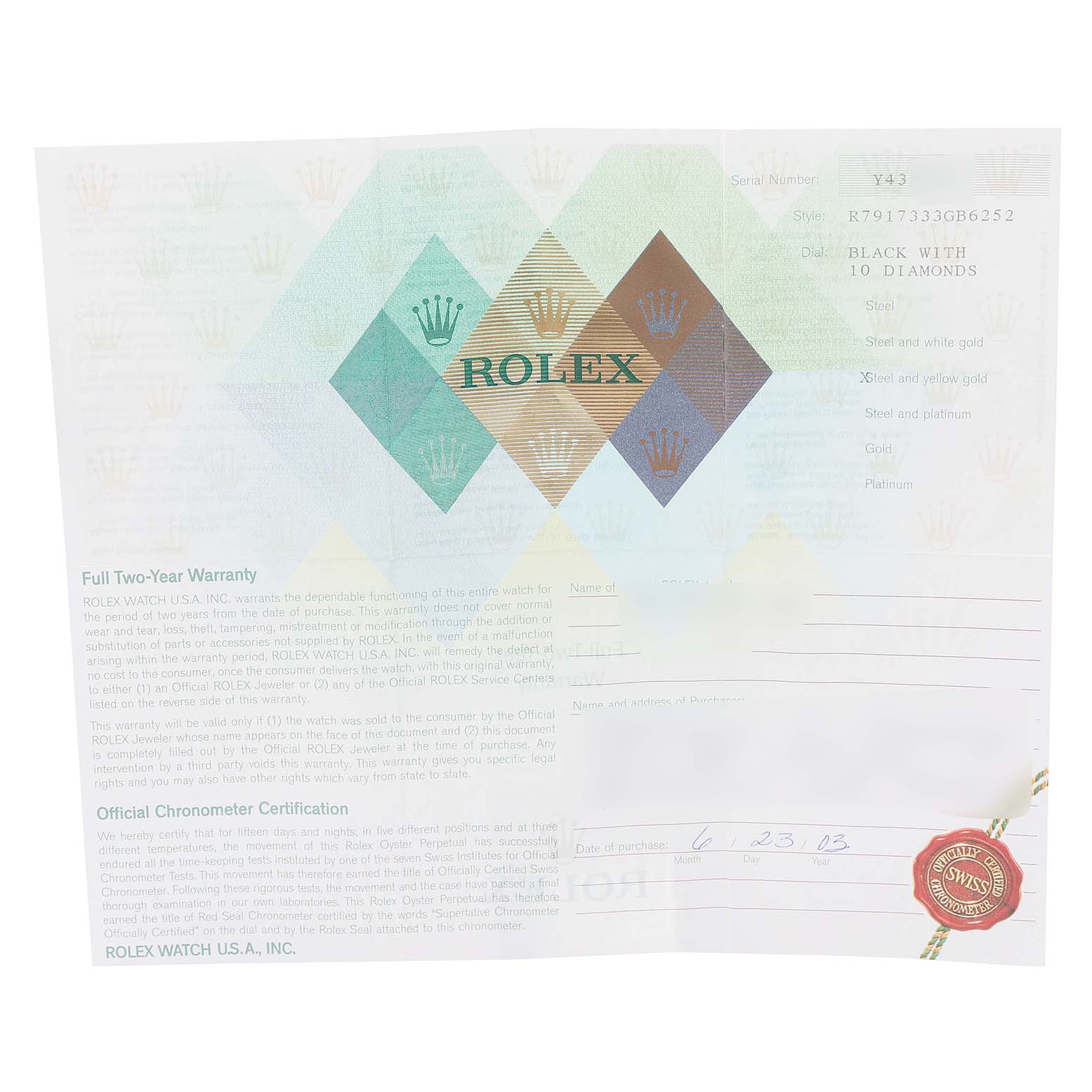 This image shows a warranty certificate for a Rolex Datejust 79173 Women's Steel and Gold (two tone) Black Dial 79173 Women's Steel and Gold (two tone) Black Dial watch.