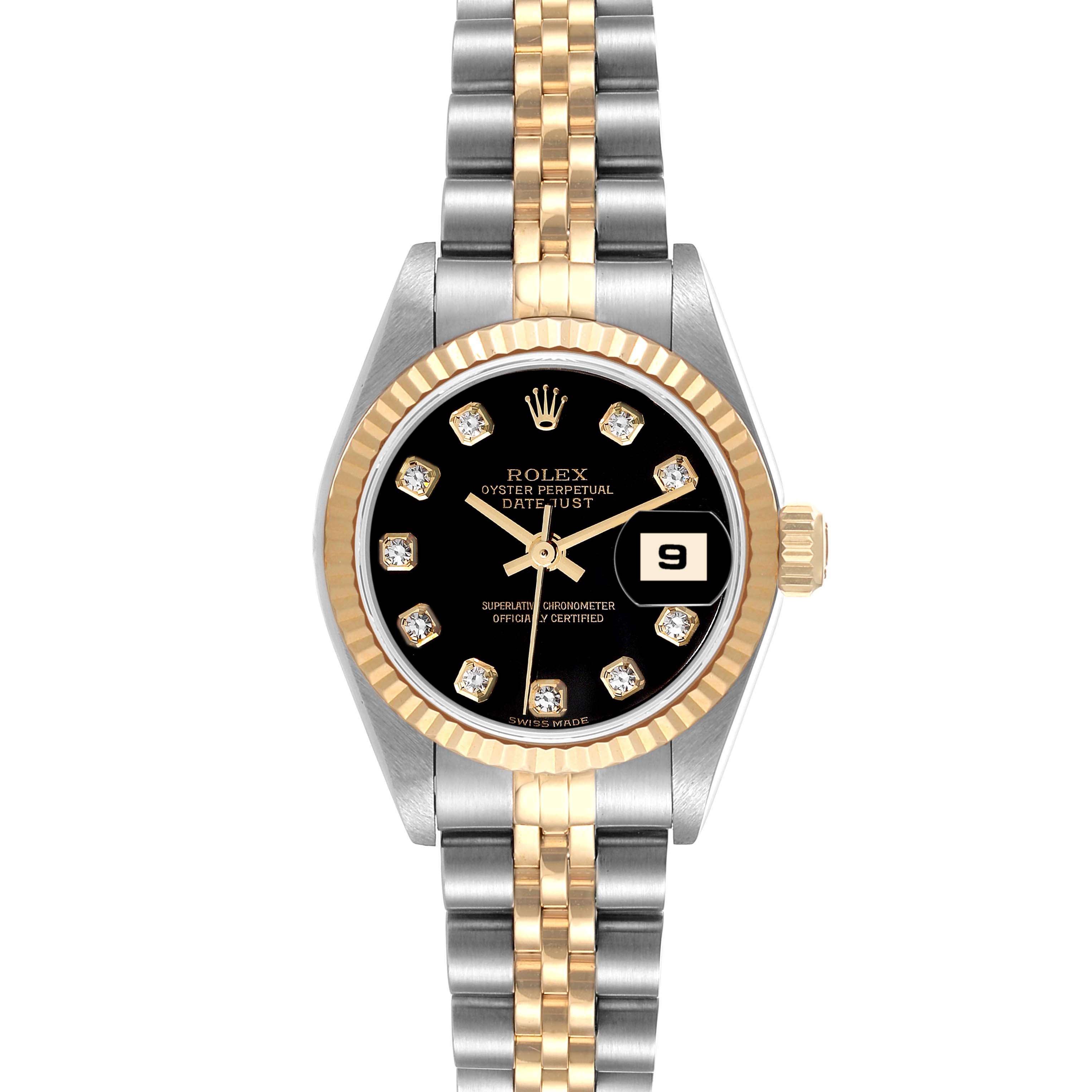 The image shows a front view of a Rolex Datejust 79173 Women's Steel and Gold (two tone) Black Dial 79173 Women's Steel and Gold (two tone) Black Dial watch, highlighting the dial, bezel, and two-tone bracelet.
