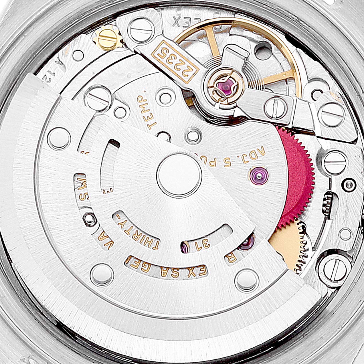 This is a close-up view of the internal mechanism of a Rolex Datejust 79173 Women's Steel and Gold (two tone) Black Dial 79173 Women's Steel and Gold (two tone) Black Dial watch, showcasing the intricate movement parts.