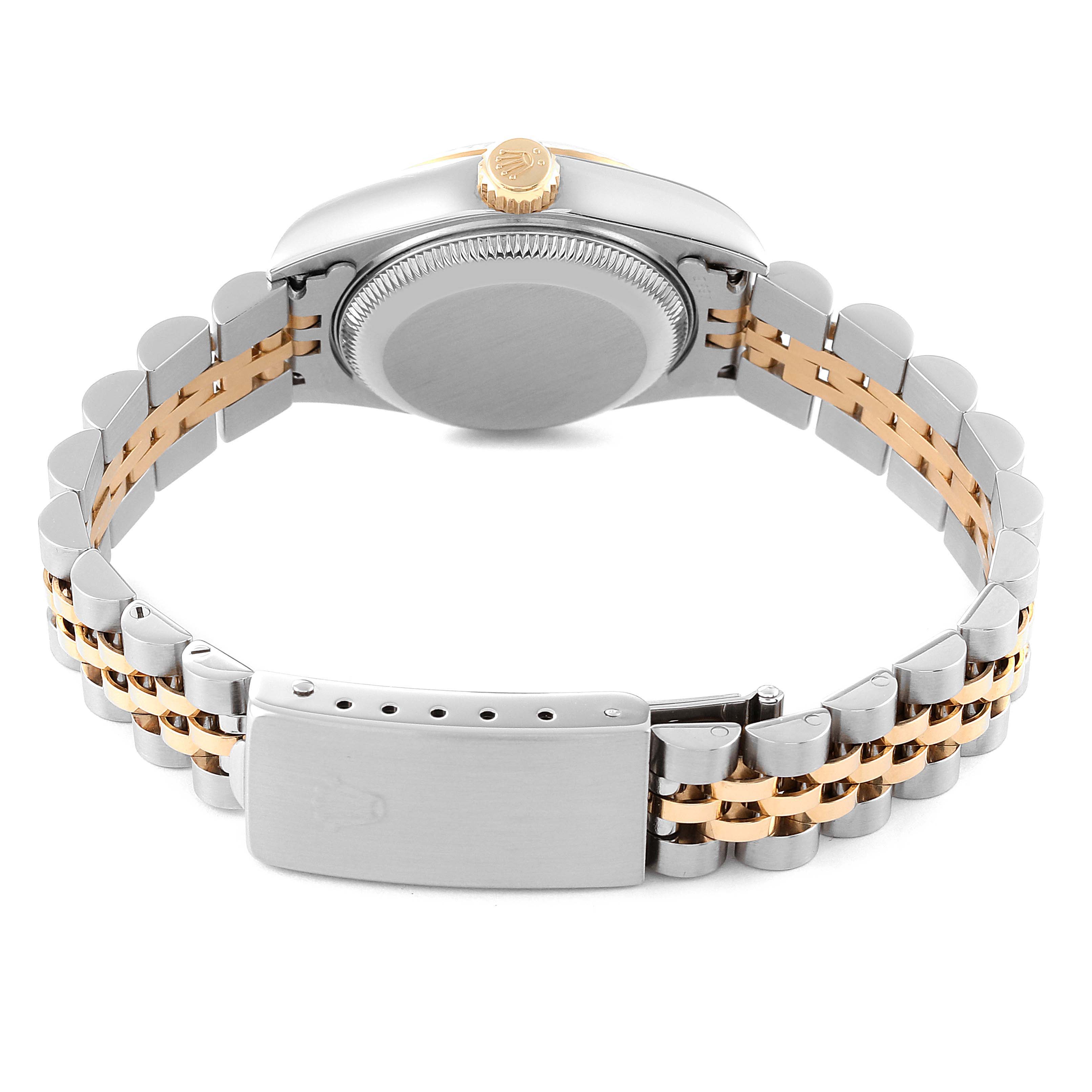 This image shows the back and bracelet of a Rolex Datejust 79173 Women's Steel and Gold (two tone) Black Dial 79173 Women's Steel and Gold (two tone) Black Dial watch, including the clasp and crown.