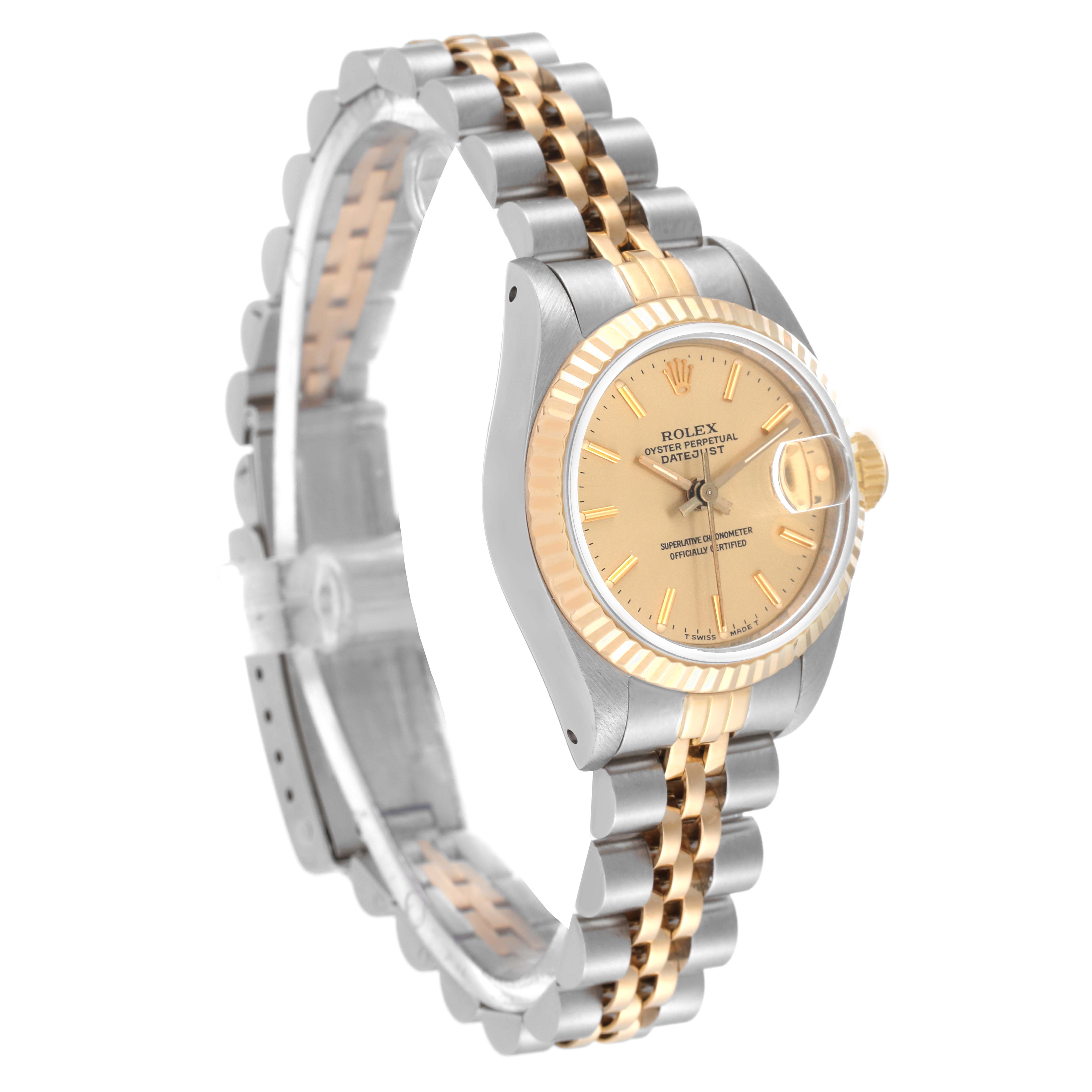 The Rolex Datejust 69173 Women's Steel and Gold (two tone) Champagne Dial 69173 Women's Steel and Gold (two tone) Champagne Dial watch is shown at an angled side view, displaying the band, bezel, dial, and part of the crown.