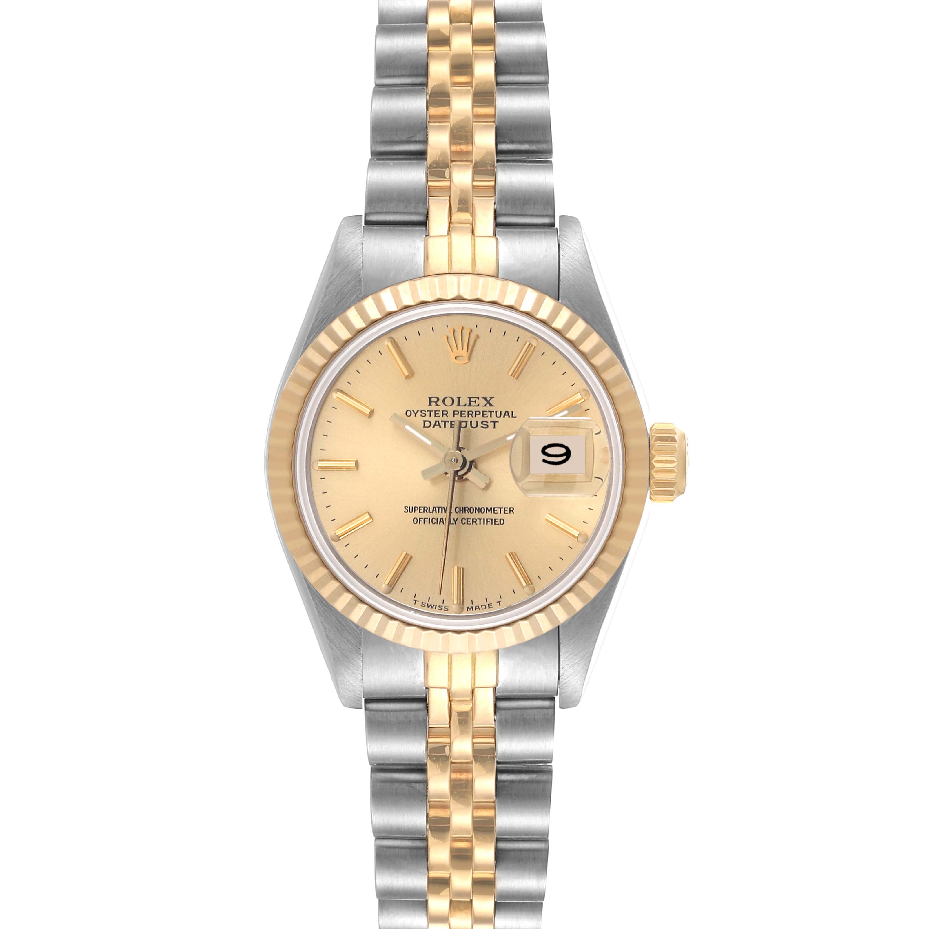 This image shows a frontal view of a Rolex Datejust 69173 Women's Steel and Gold (two tone) Champagne Dial 69173 Women's Steel and Gold (two tone) Champagne Dial watch, featuring its dial, bezel, and bracelet.