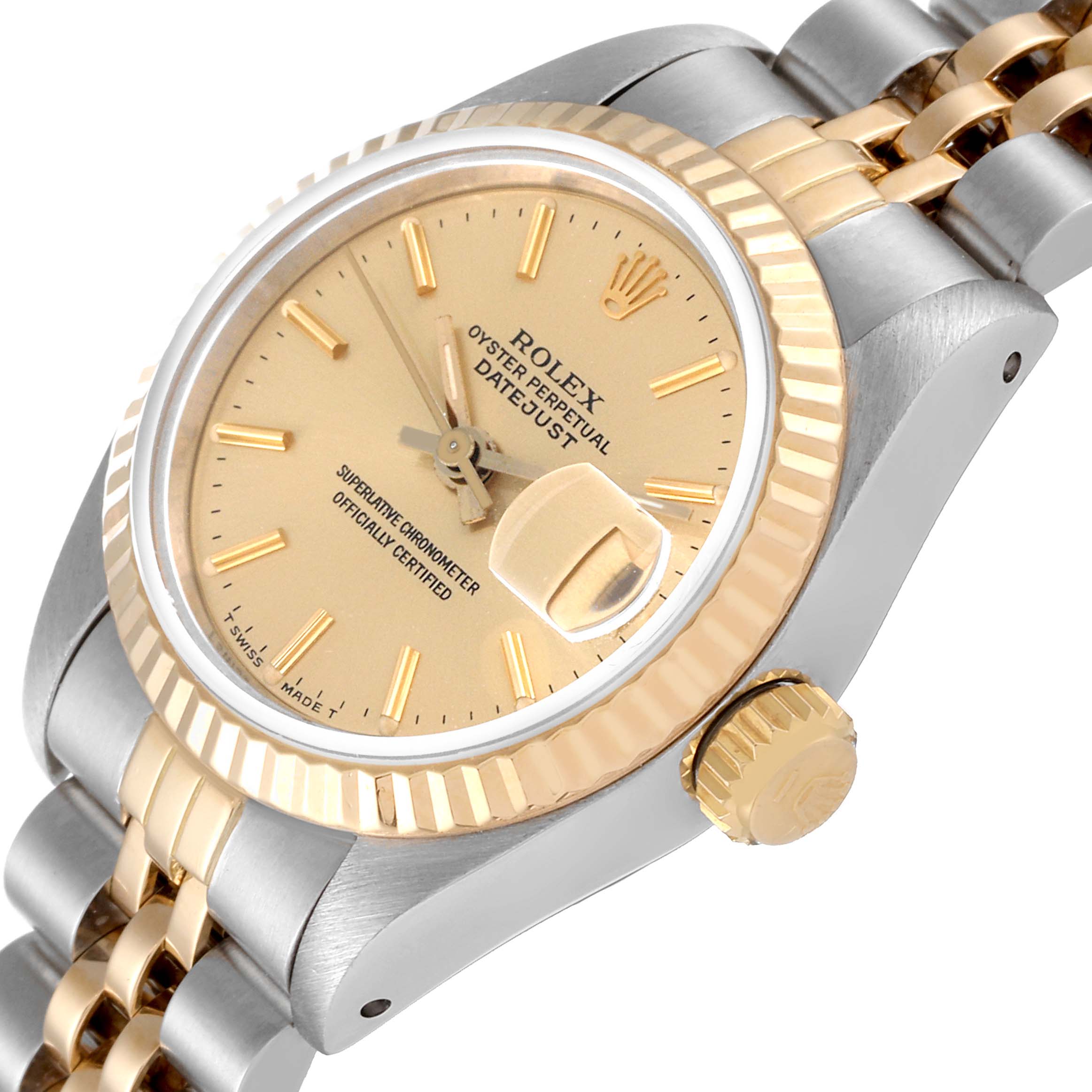 The image shows a Rolex Datejust 69173 Women's Steel and Gold (two tone) Champagne Dial 69173 Women's Steel and Gold (two tone) Champagne Dial watch at a slight angle, highlighting the face, crown, and part of the bracelet.