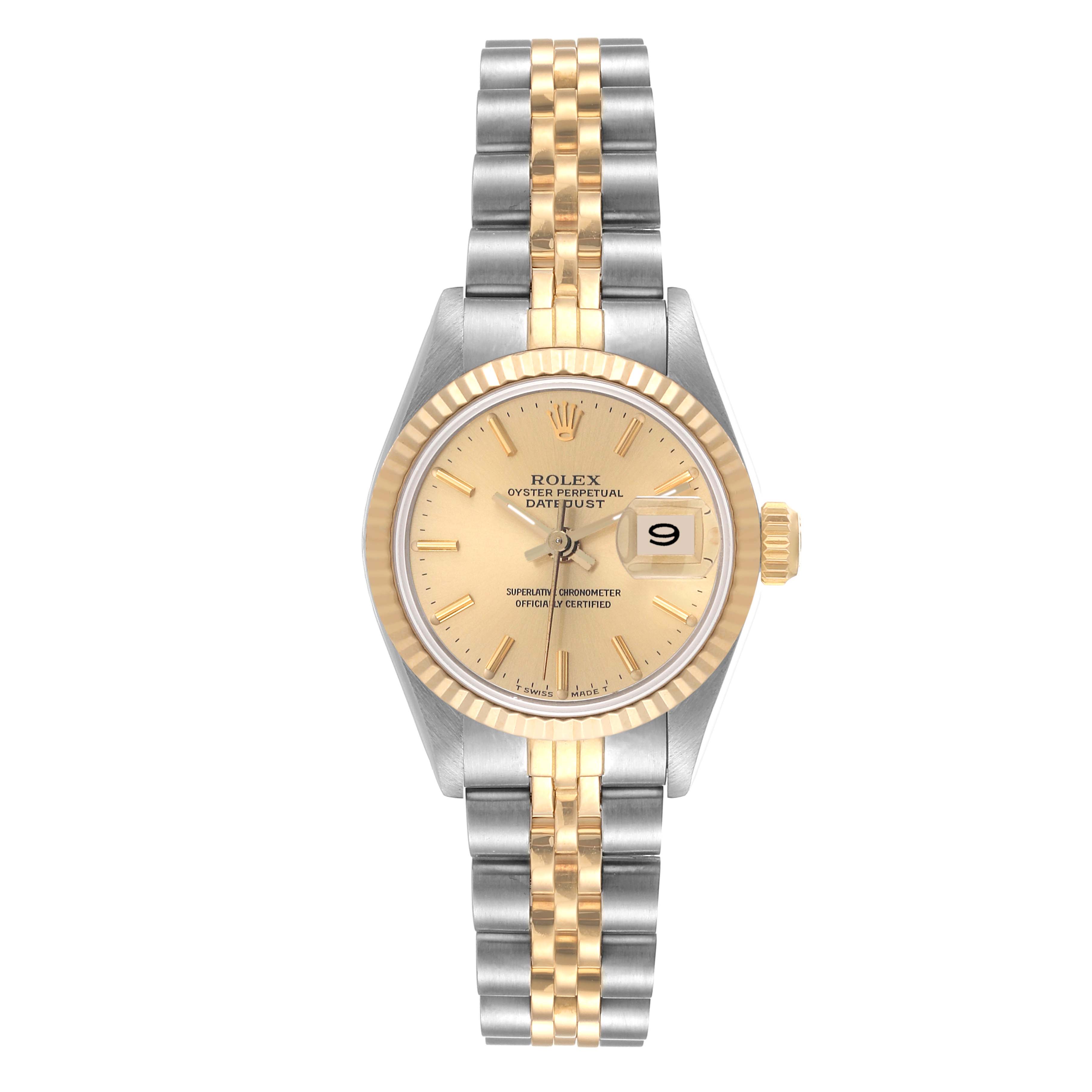 The image shows a front view of a Rolex Datejust 69173 Women's Steel and Gold (two tone) Champagne Dial 69173 Women's Steel and Gold (two tone) Champagne Dial watch, showcasing the dial, bezel, and two-tone bracelet.