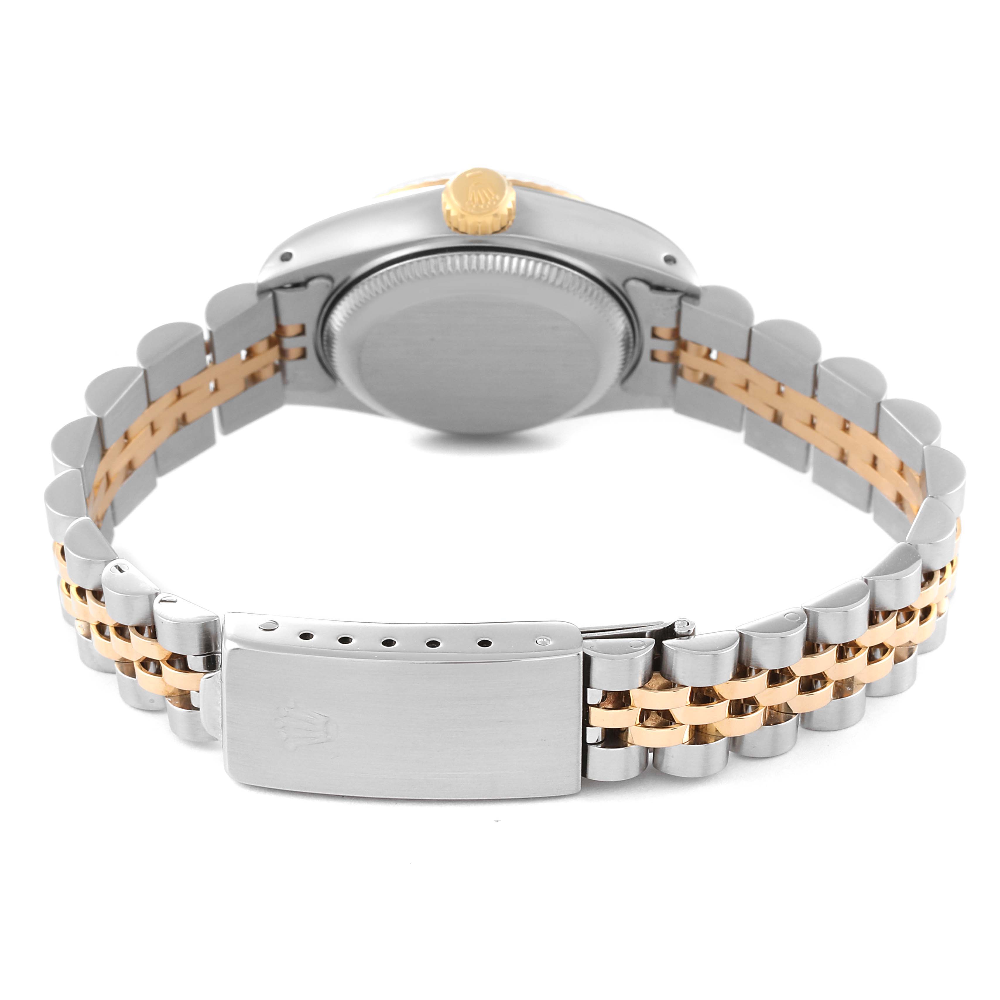 This image shows the back case, crown, and bracelet of a Rolex Datejust 69173 Women's Steel and Gold (two tone) Champagne Dial 69173 Women's Steel and Gold (two tone) Champagne Dial watch, focusing on the clasp and links.