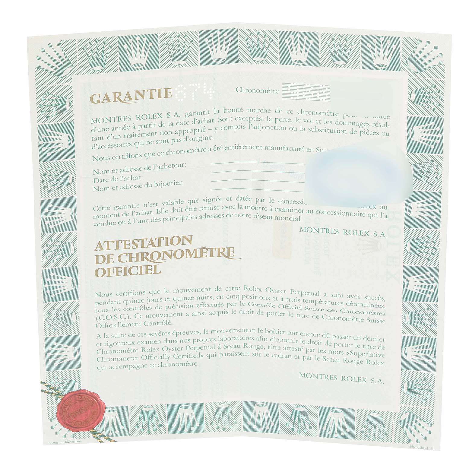 This is a warranty and official chronometer certification document for a Rolex Datejust 69173 Women's Steel and Gold (two tone) Champagne Dial 69173 Women's Steel and Gold (two tone) Champagne Dial model watch.