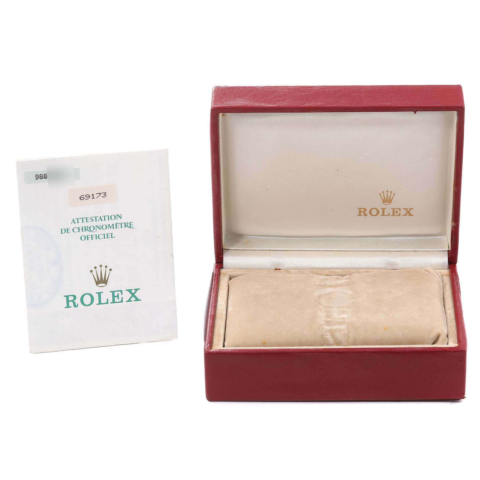 The image shows an open Rolex box for the Datejust model and an official chronometer certification booklet.