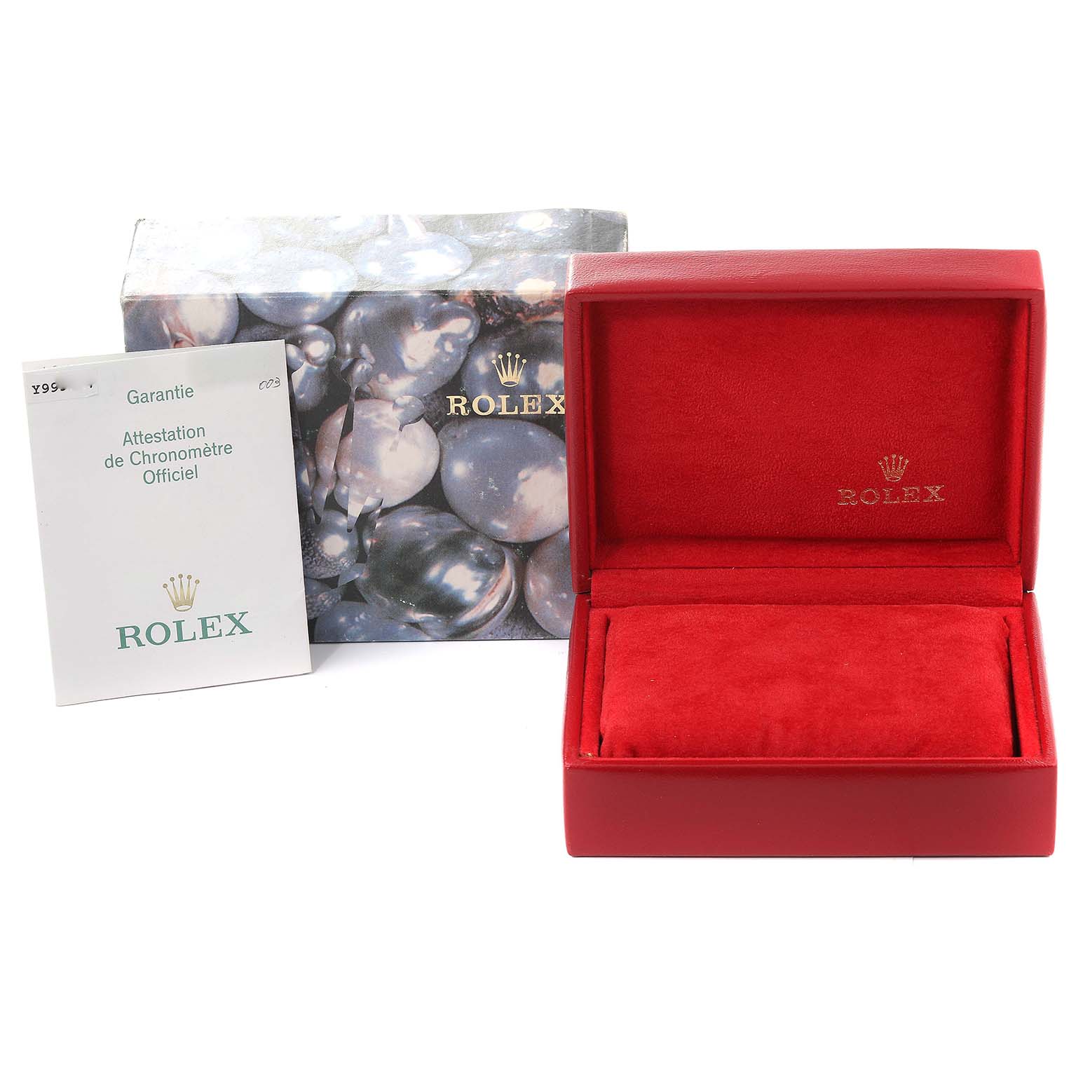 The image shows a Rolex Datejust 79173 Women's Steel and Gold (two tone) Champagne Dial 79173 Women's Steel and Gold (two tone) Champagne Dial watch box, inner cushion, and a warranty booklet.