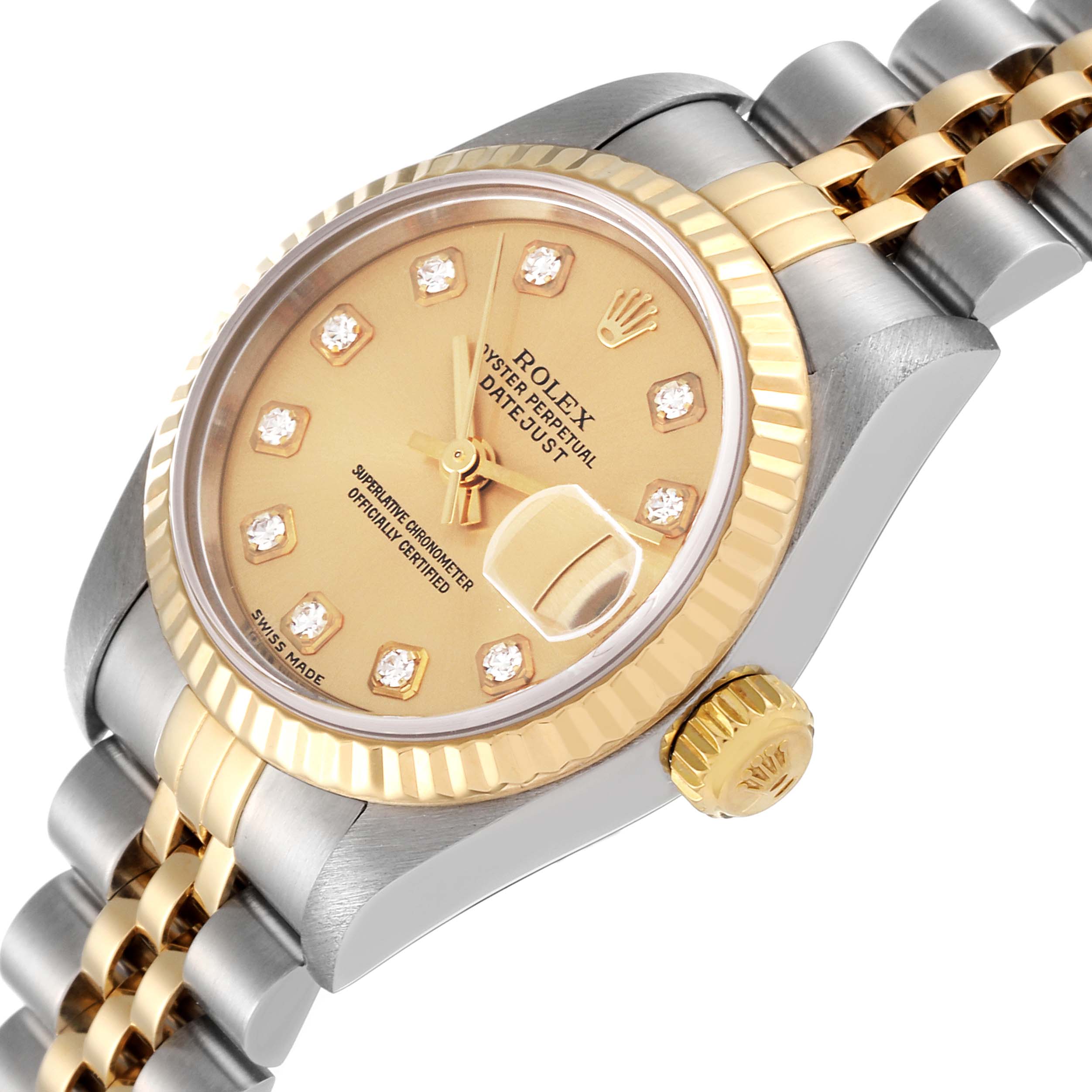 This image shows a close-up of the face, bezel, crown, and bracelet of a Rolex Datejust 79173 Women's Steel and Gold (two tone) Champagne Dial 79173 Women's Steel and Gold (two tone) Champagne Dial watch from an angled perspective.