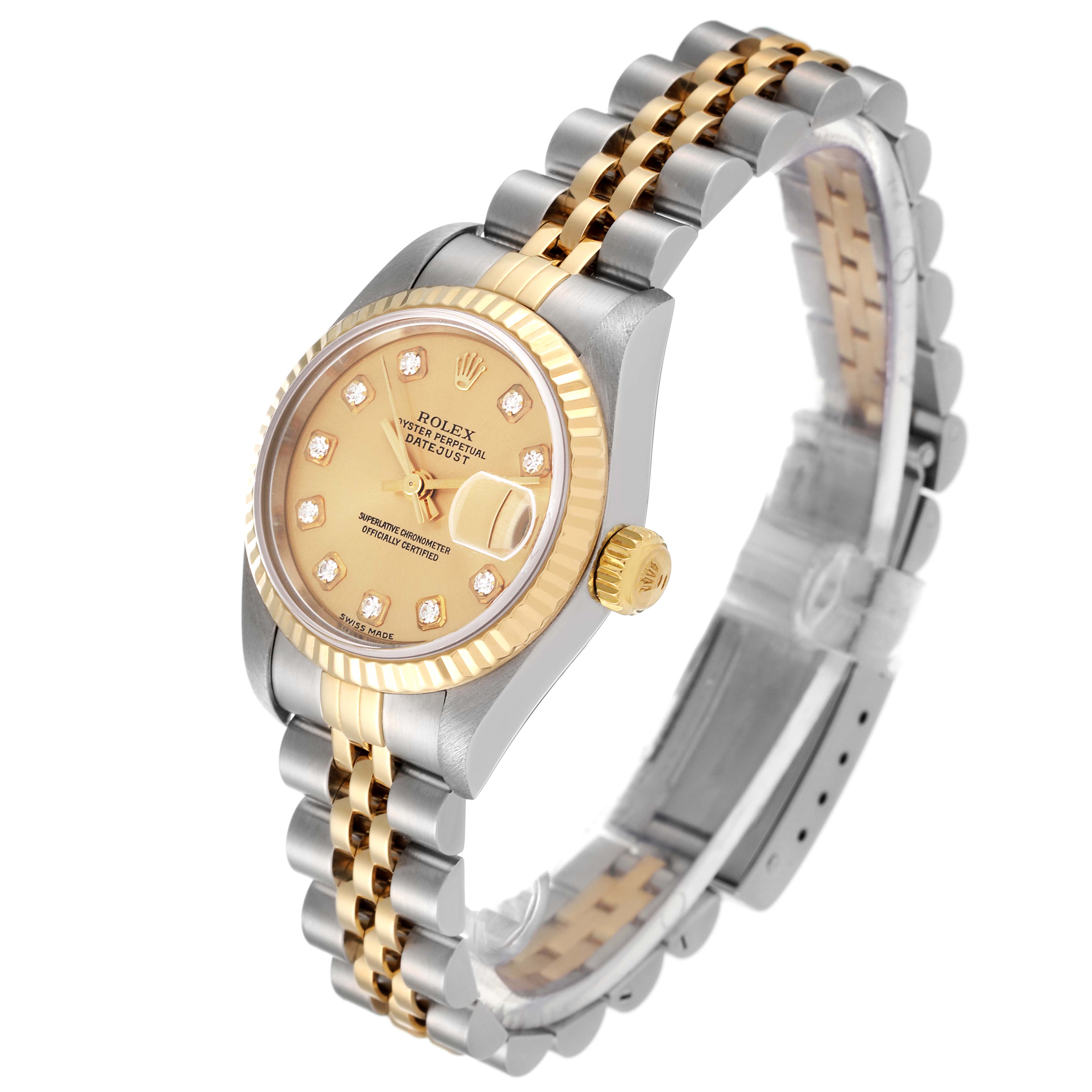 The image shows a Rolex Datejust 79173 Women's Steel and Gold (two tone) Champagne Dial 79173 Women's Steel and Gold (two tone) Champagne Dial watch from an angled top view, highlighting its face, bezel, crown, and bracelet.