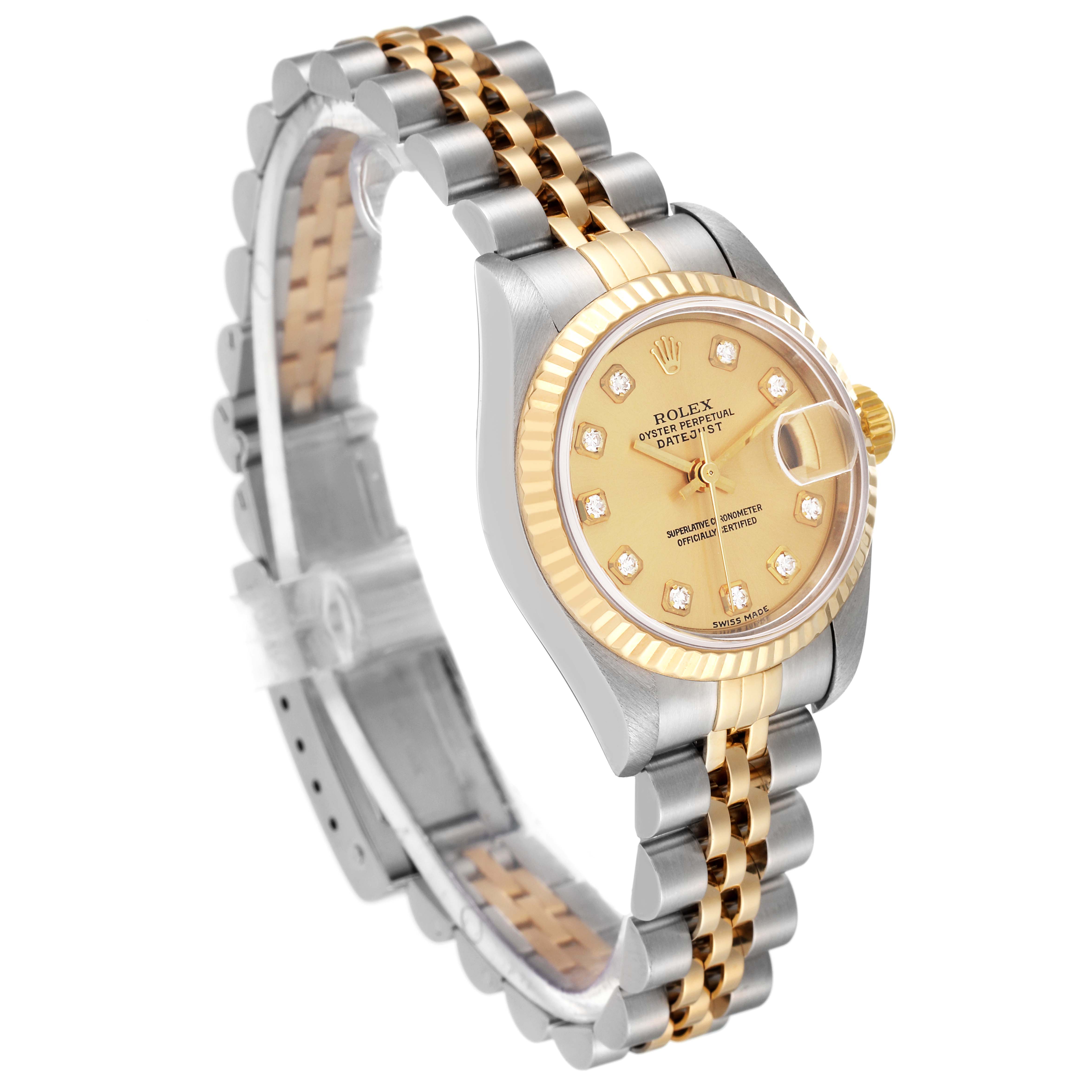 The image shows a side angle of a Rolex Datejust 79173 Women's Steel and Gold (two tone) Champagne Dial 79173 Women's Steel and Gold (two tone) Champagne Dial watch, highlighting its bezel, dial, and two-tone bracelet.