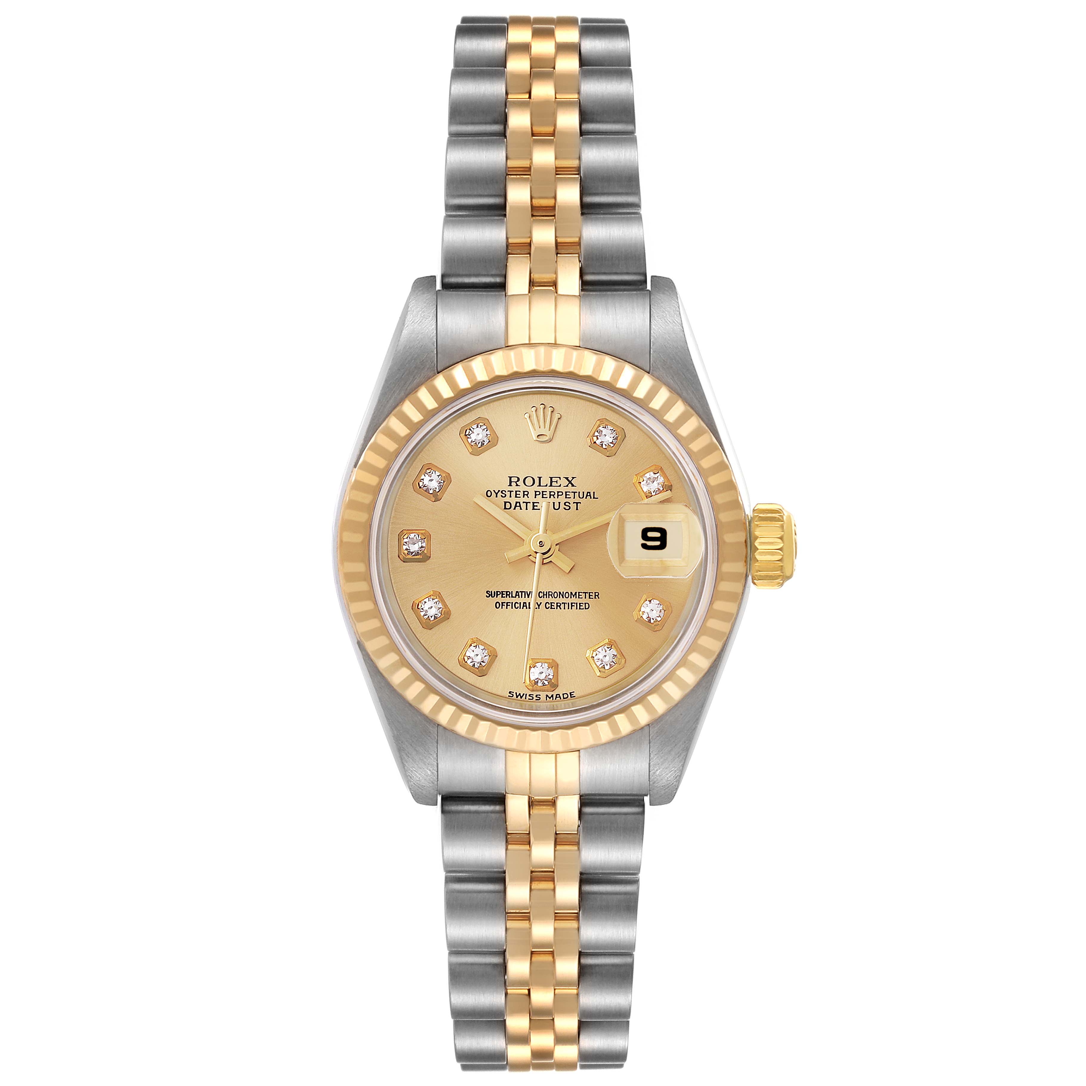 The Rolex Datejust 79173 Women's Steel and Gold (two tone) Champagne Dial 79173 Women's Steel and Gold (two tone) Champagne Dial watch is shown from a front angle, featuring its face, bezel, and bracelet.