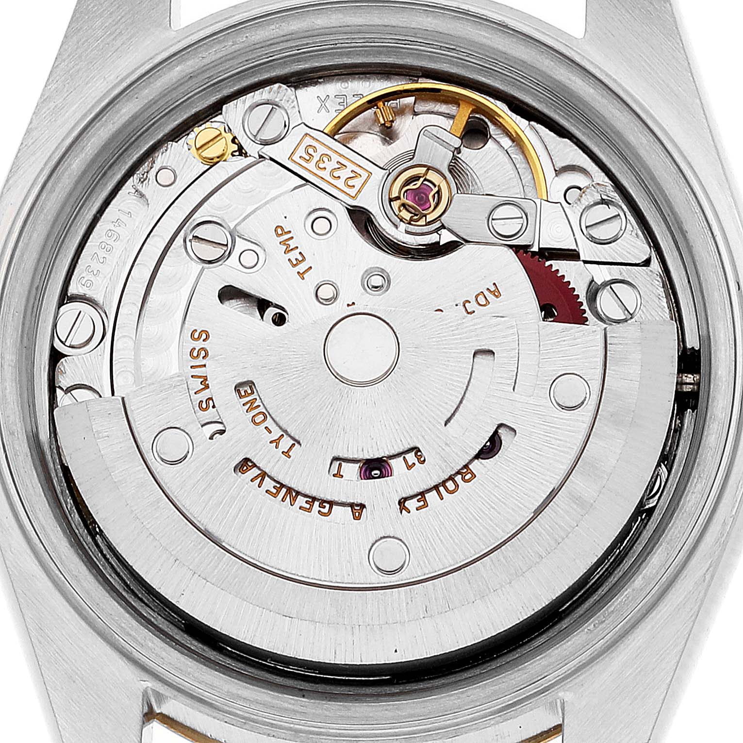 This image shows the internal movement mechanism of a Rolex Datejust 79173 Women's Steel and Gold (two tone) Champagne Dial 79173 Women's Steel and Gold (two tone) Champagne Dial watch from the back.