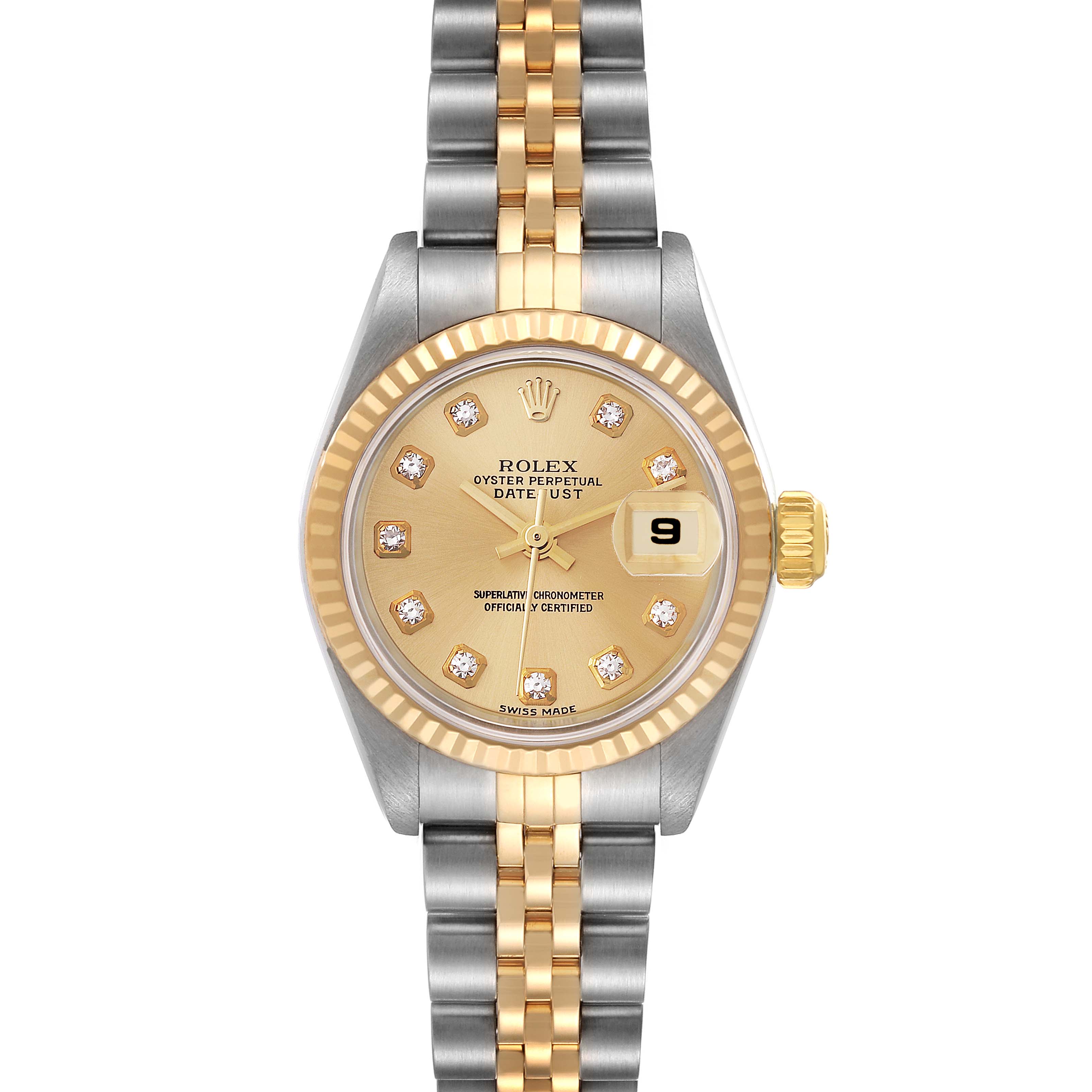The Rolex Datejust 79173 Women's Steel and Gold (two tone) Champagne Dial 79173 Women's Steel and Gold (two tone) Champagne Dial watch is shown from a front angle, displaying the dial, bezel, and bracelet.