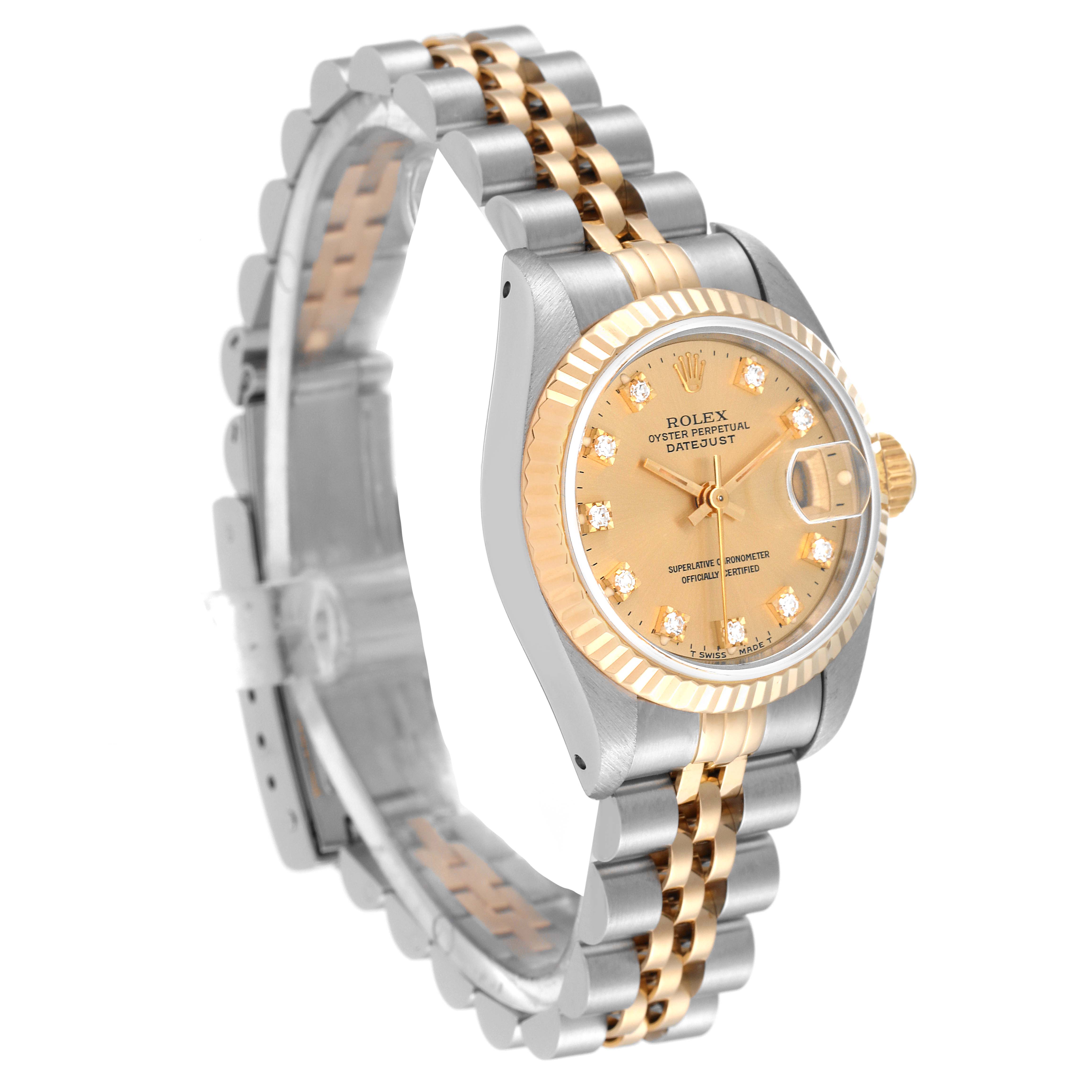 This image shows a Rolex Datejust 69173 Women's Steel and Gold (two tone) Champagne Dial 69173 Women's Steel and Gold (two tone) Champagne Dial watch at a side angle, highlighting the dial, bezel, and two-tone bracelet.