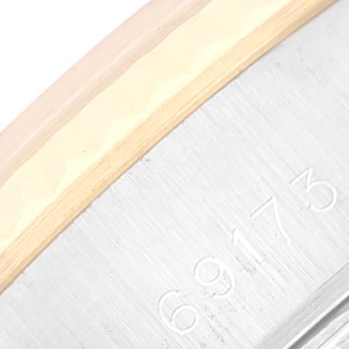 This close-up image shows the case and bezel of a Rolex Datejust 69173 Women's Steel and Gold (two tone) Champagne Dial 69173 Women's Steel and Gold (two tone) Champagne Dial watch, highlighting the model number 69173.