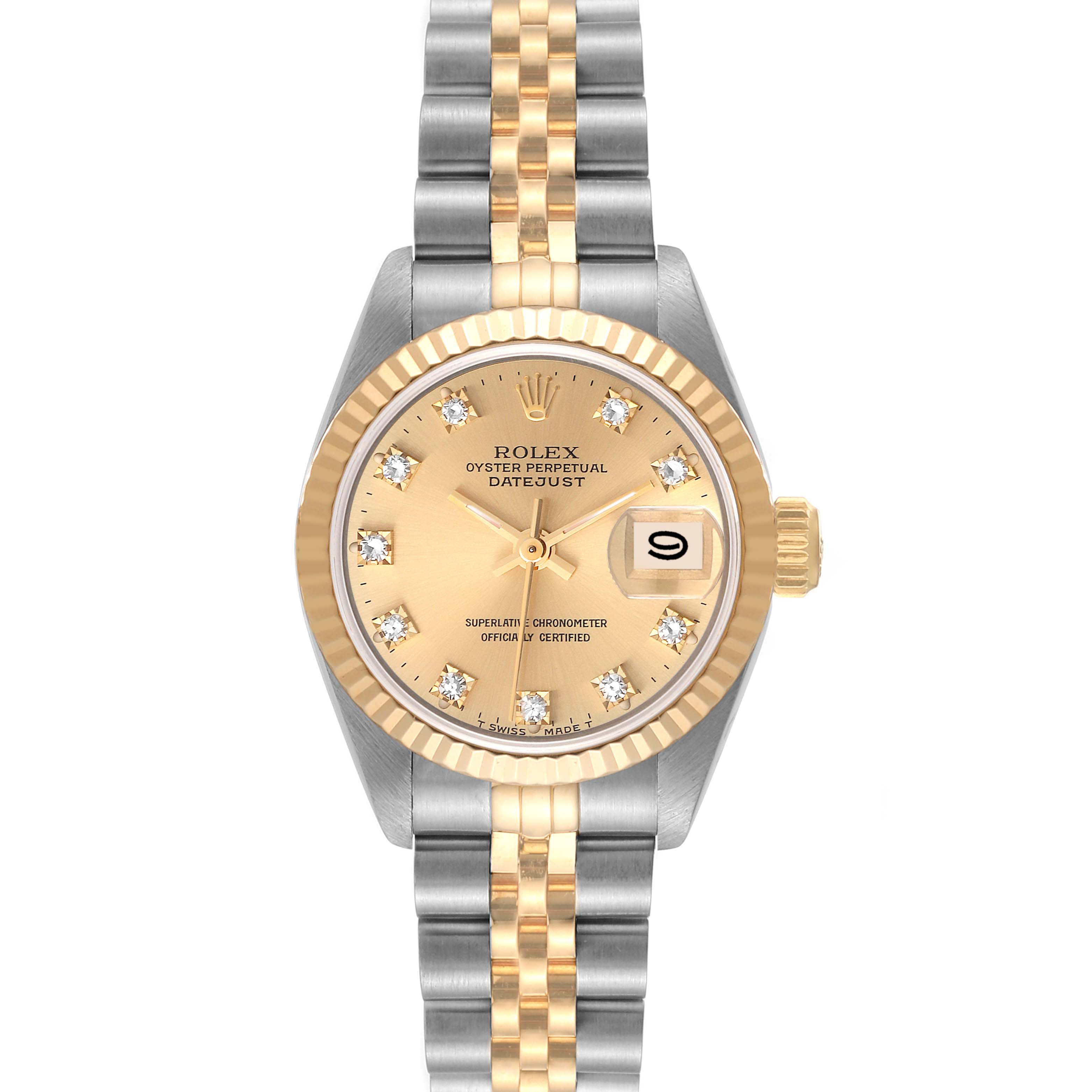 This Rolex Datejust 69173 Women's Steel and Gold (two tone) Champagne Dial 69173 Women's Steel and Gold (two tone) Champagne Dial watch is shown from a front-facing angle, highlighting its gold and silver bracelet, dial, and date display.