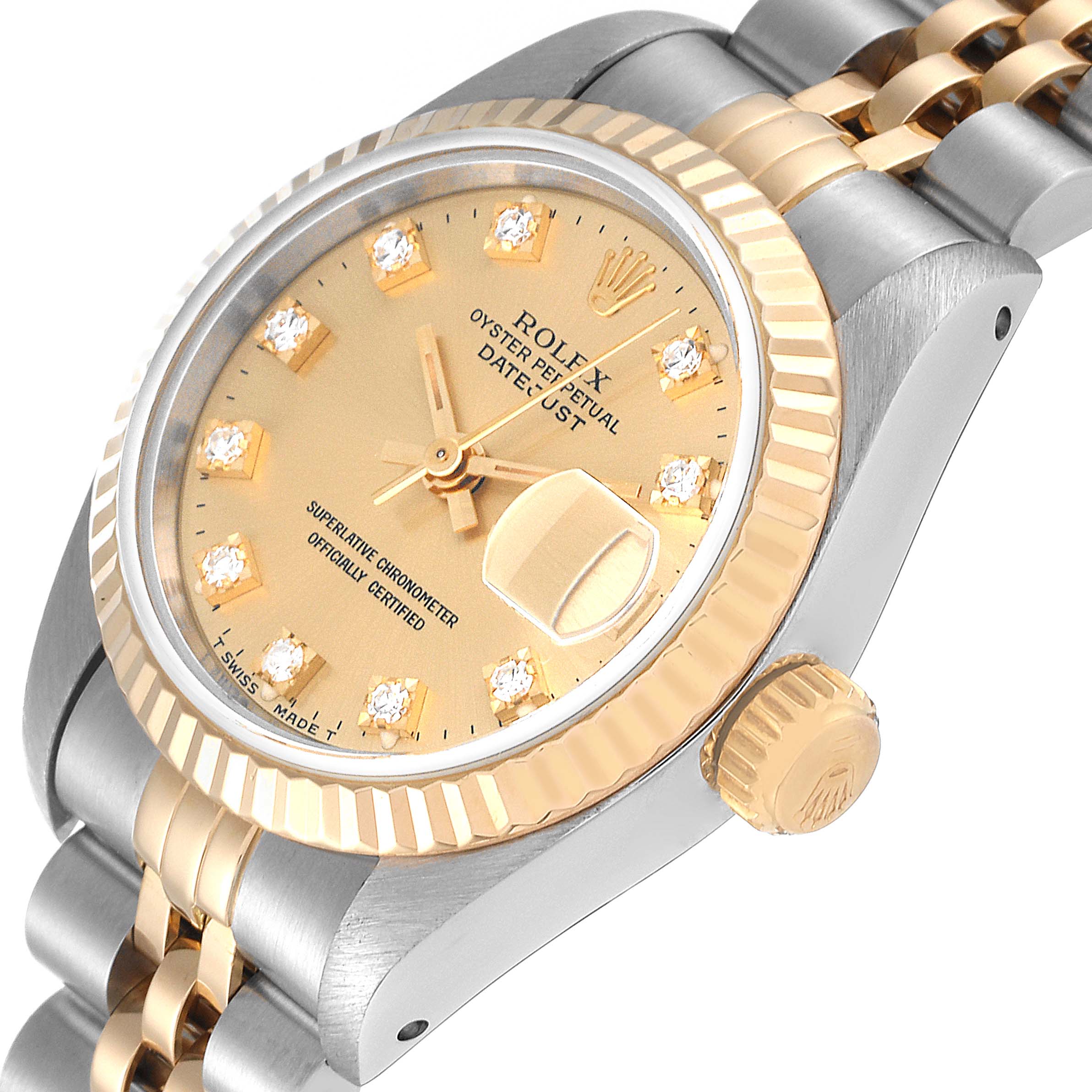This image shows a close-up side angle of a Rolex Datejust 69173 Women's Steel and Gold (two tone) Champagne Dial 69173 Women's Steel and Gold (two tone) Champagne Dial watch, highlighting its face, bezel, crown, and part of the bracelet.