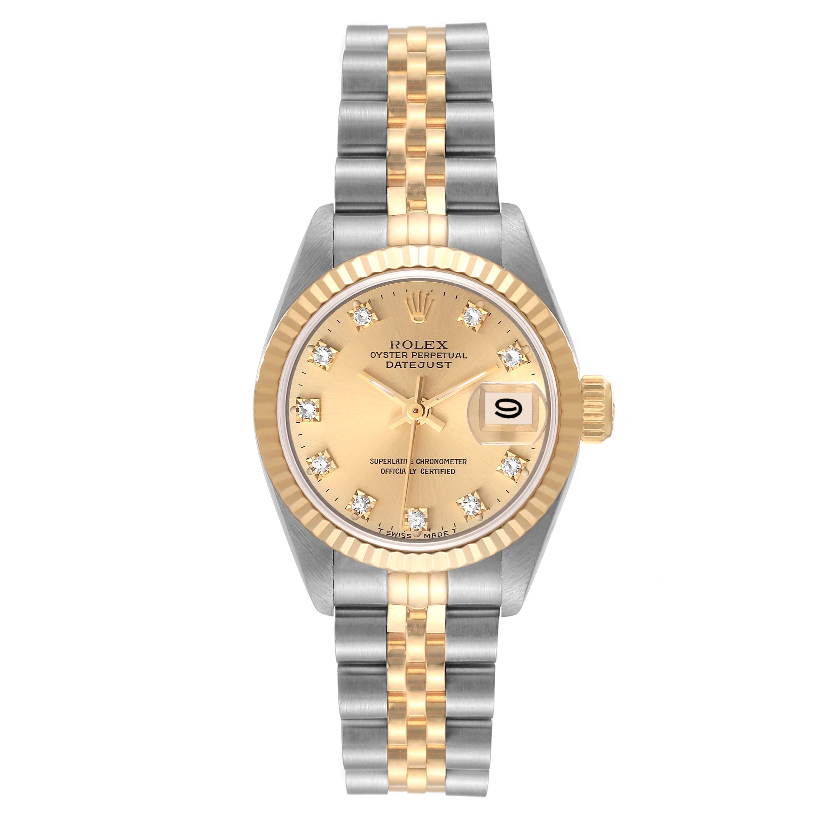 The Rolex Datejust 69173 Women's Steel and Gold (two tone) Champagne Dial 69173 Women's Steel and Gold (two tone) Champagne Dial watch shown is a front view, highlighting the dial, fluted bezel, and jubilee bracelet.