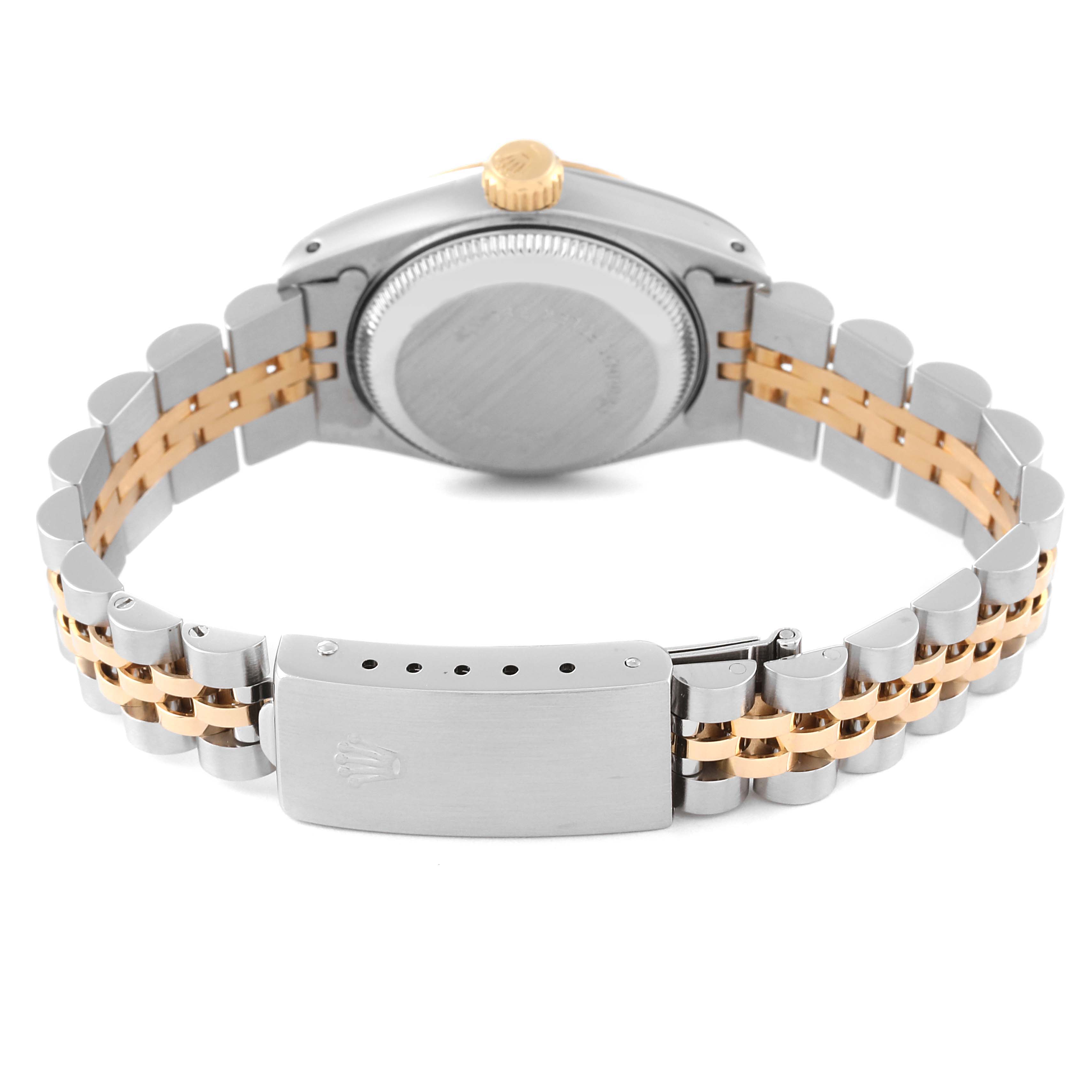 This image shows the back view of the Rolex Datejust 69173 Women's Steel and Gold (two tone) Champagne Dial 69173 Women's Steel and Gold (two tone) Champagne Dial watch, featuring its bracelet and clasp.