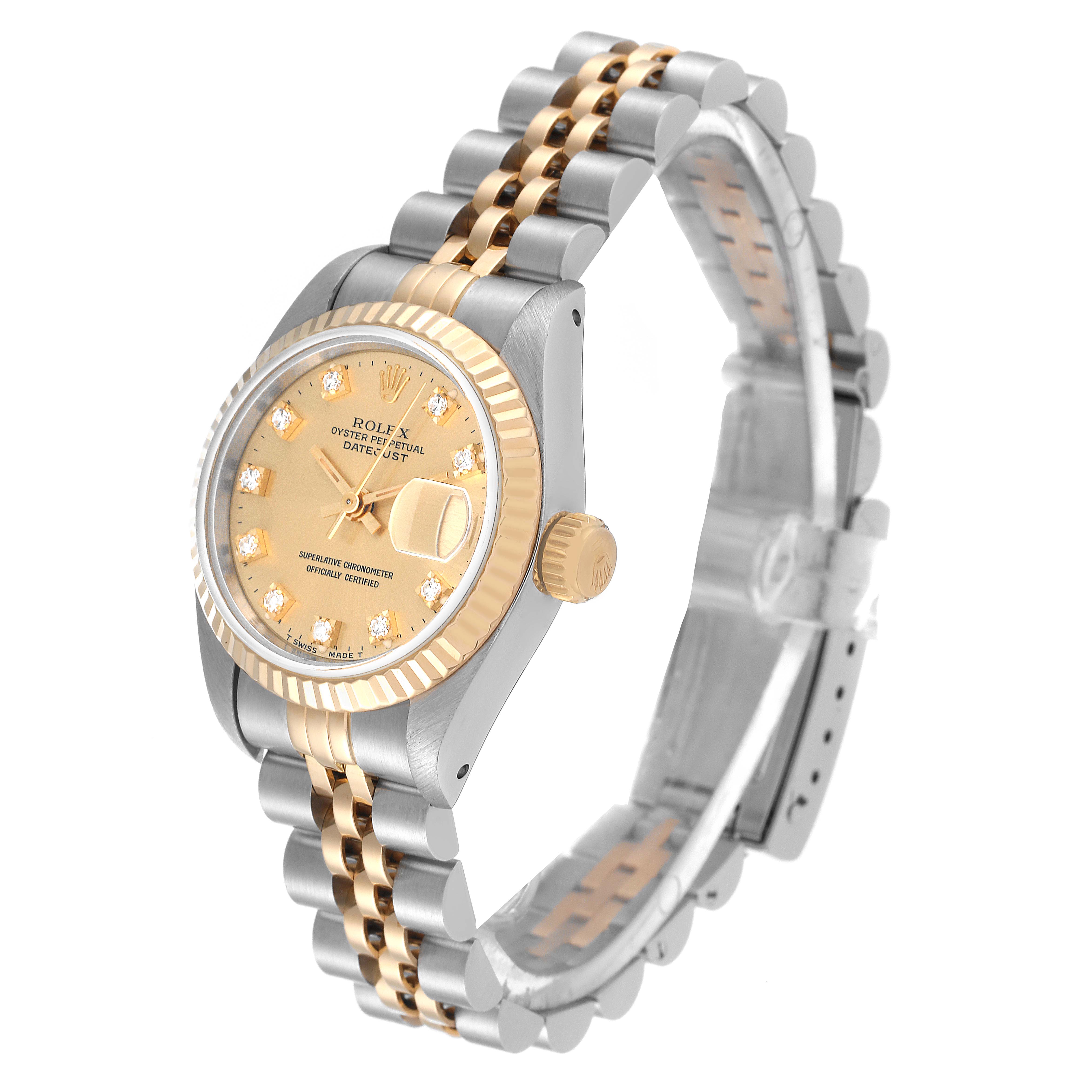 The image shows a side angle of a Rolex Datejust 69173 Women's Steel and Gold (two tone) Champagne Dial 69173 Women's Steel and Gold (two tone) Champagne Dial watch, highlighting the gold and silver bracelet, bezel, and dial.