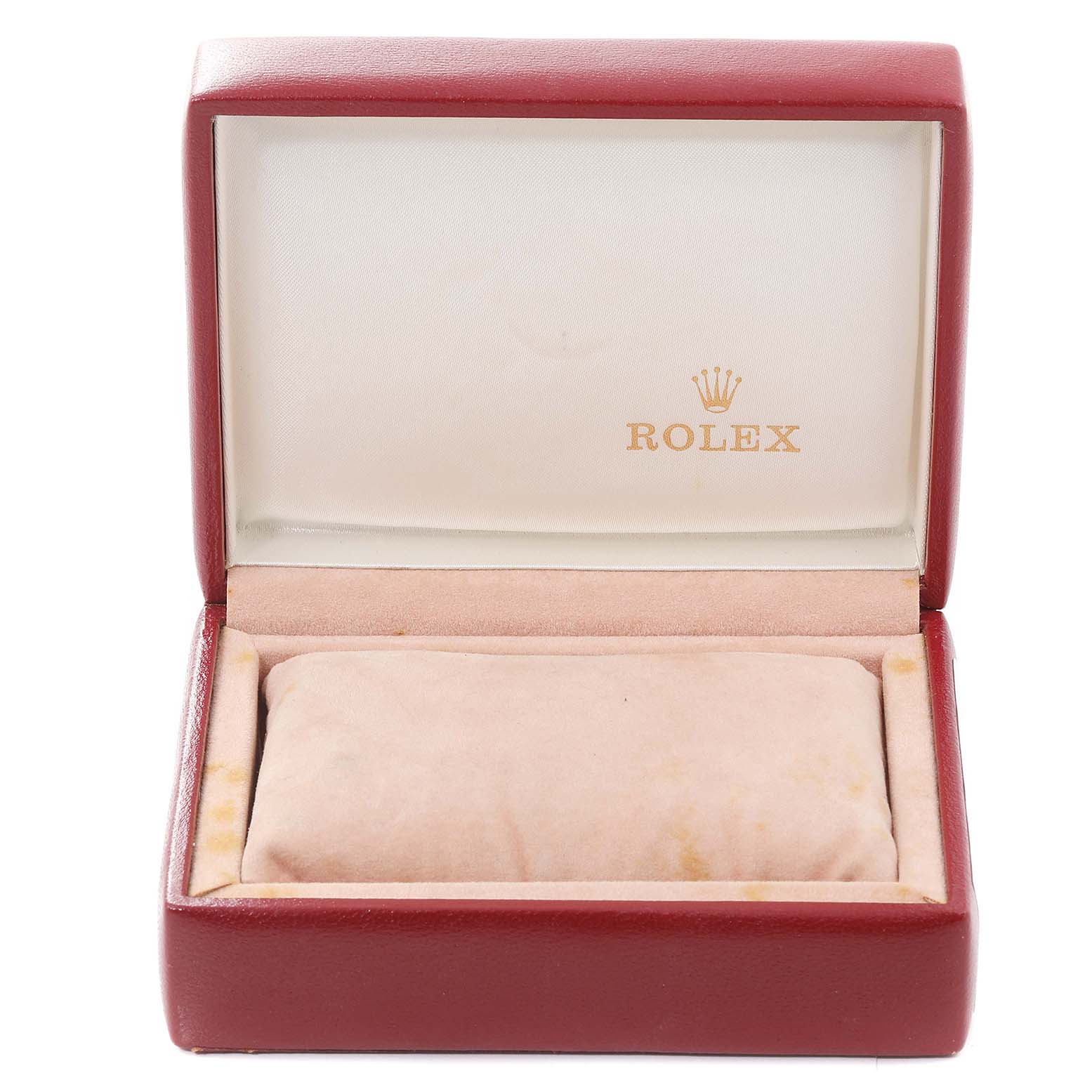 The image shows an open Rolex Datejust 69173 Women's Steel and Gold (two tone) Champagne Dial 69173 Women's Steel and Gold (two tone) Champagne Dial watch box at a straight-on angle, displaying the interior cushion and brand logo.