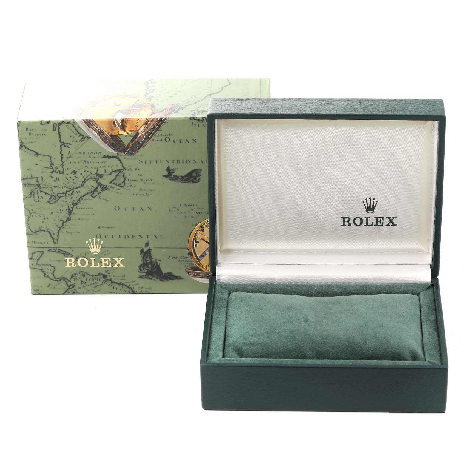 The image shows a Rolex Datejust 69173 Women's Steel and Gold (two tone) Champagne Dial 69173 Women's Steel and Gold (two tone) Champagne Dial watch box and packaging from a front angle, with the box open and cushion inside.