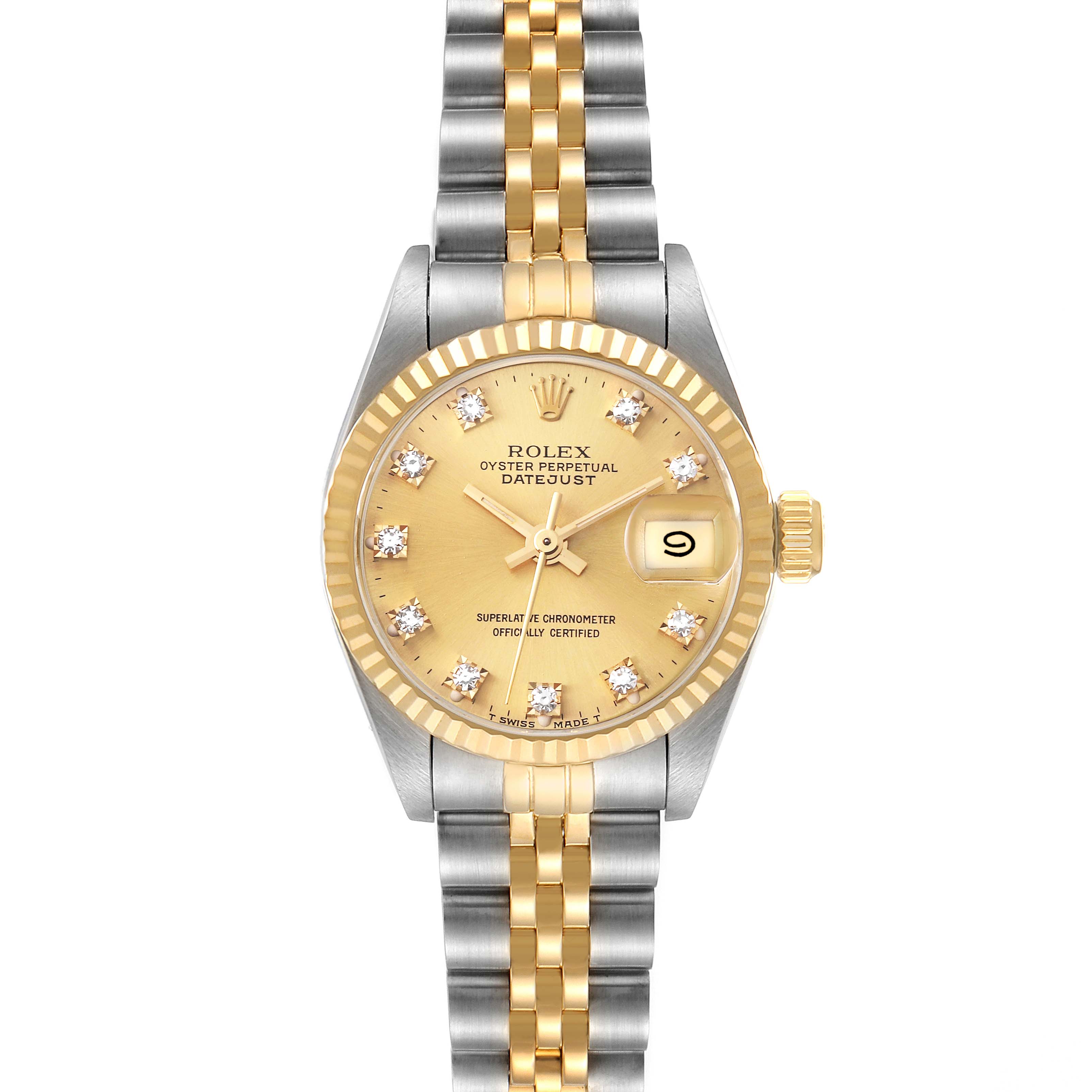 The image shows a front view of a Rolex Datejust 69173 Women's Steel and Gold (two tone) Champagne Dial 69173 Women's Steel and Gold (two tone) Champagne Dial watch, highlighting the dial, hands, date window, bezel, and bracelet.