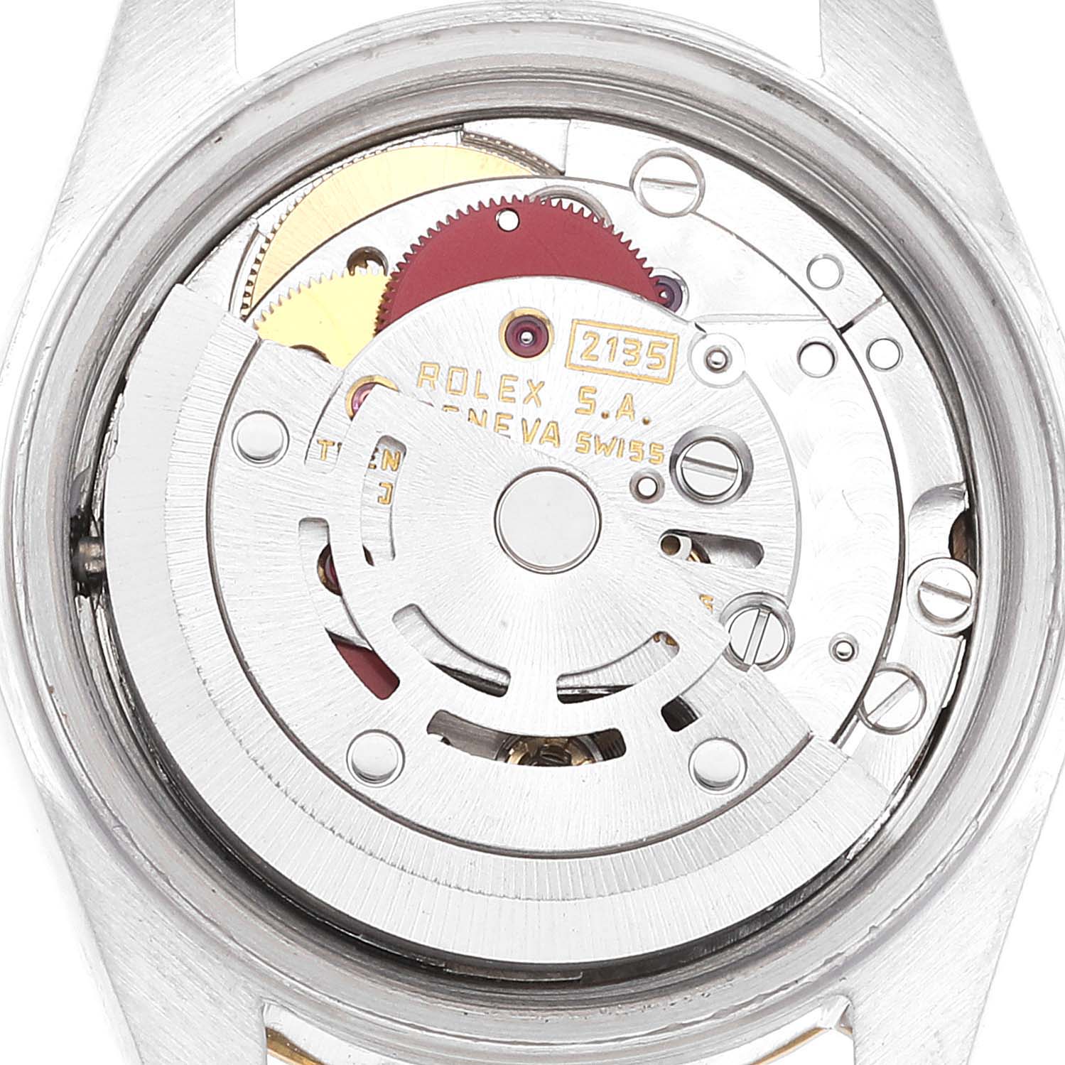 This image shows an internal view of the Rolex Datejust 69173 Women's Steel and Gold (two tone) Champagne Dial 69173 Women's Steel and Gold (two tone) Champagne Dial watch, focusing on its movement and mechanism from the back.