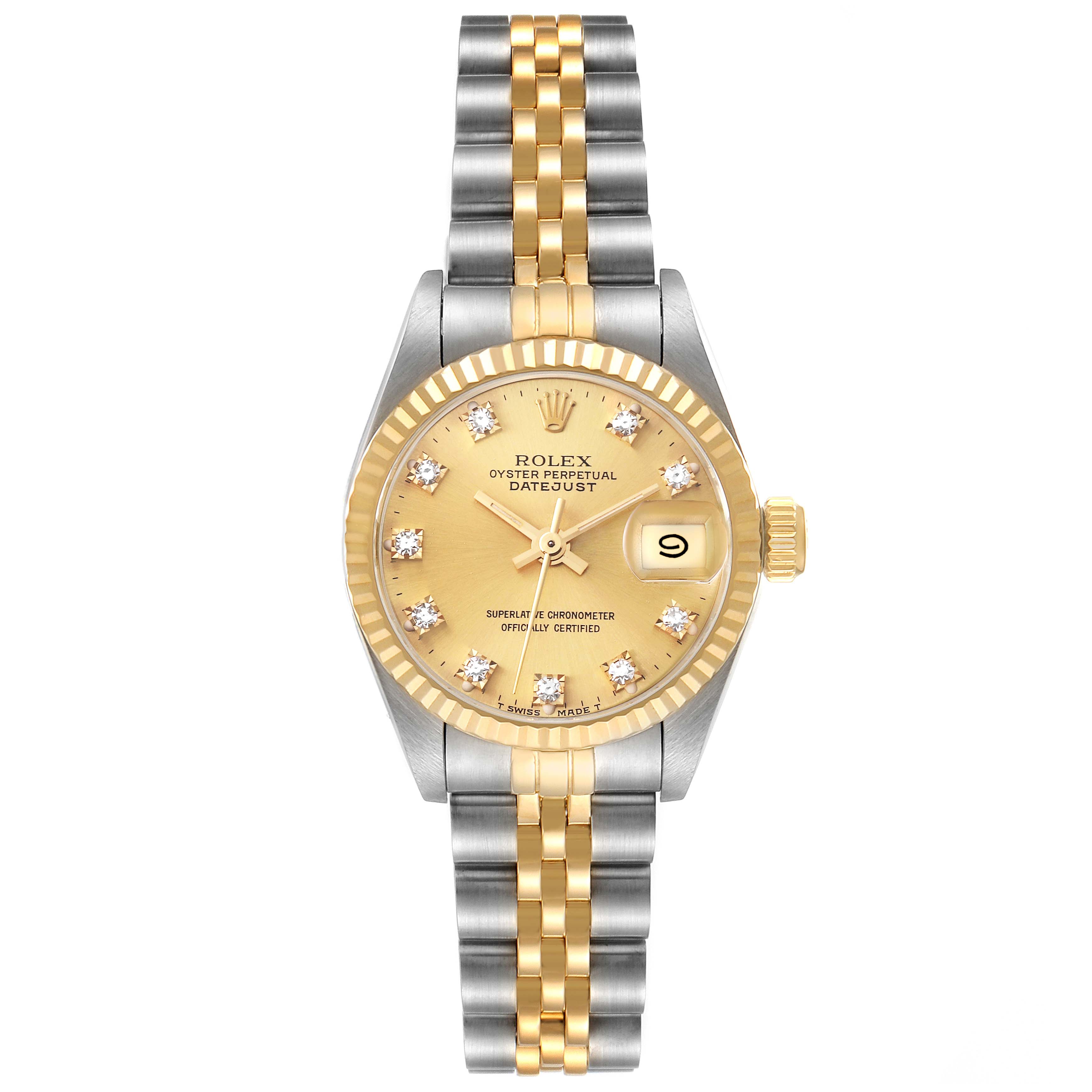 This is a front view of the Rolex Datejust 69173 Women's Steel and Gold (two tone) Champagne Dial 69173 Women's Steel and Gold (two tone) Champagne Dial watch, showcasing its two-tone bracelet, gold dial, and date display.