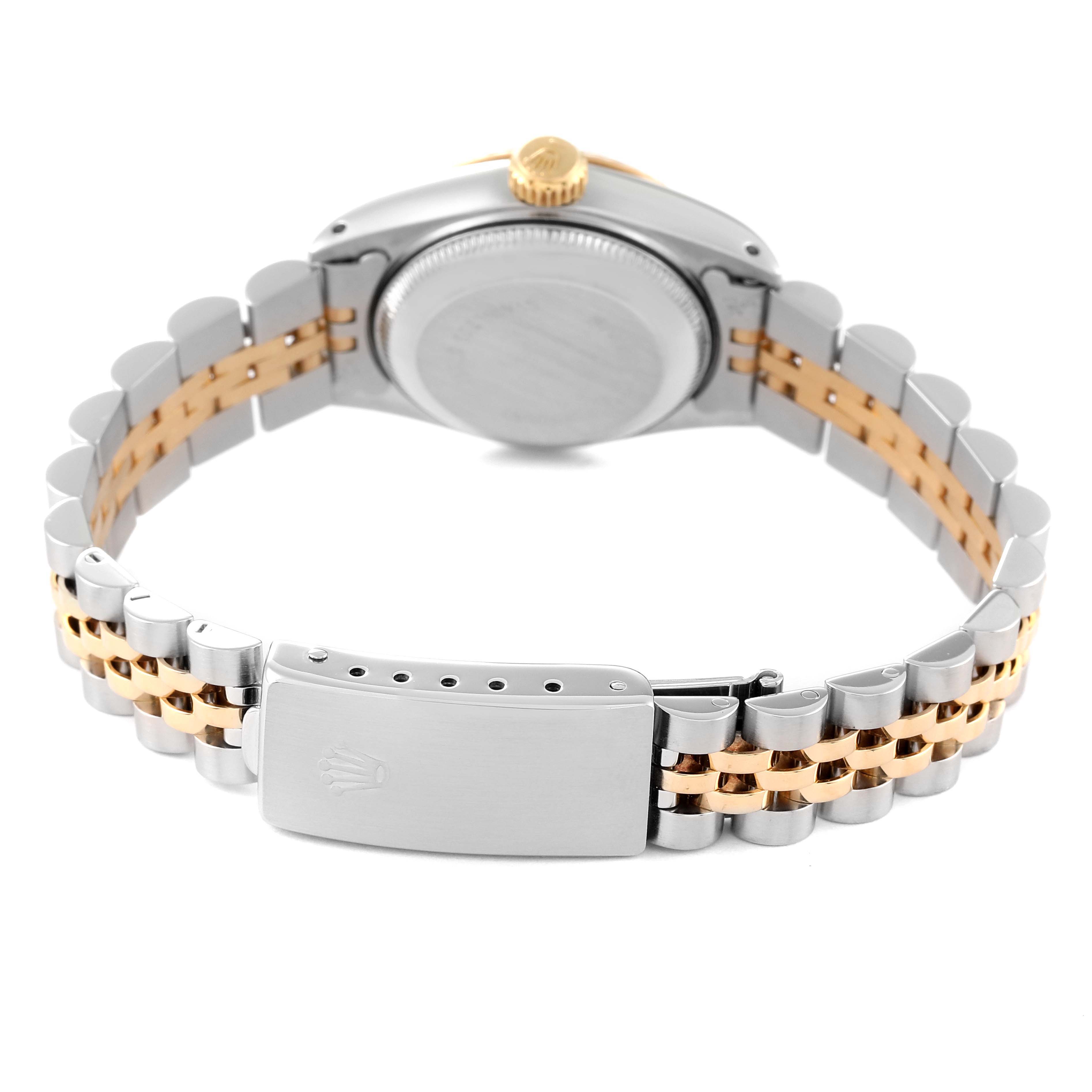 This image shows the back of a Rolex Datejust 69173 Women's Steel and Gold (two tone) Champagne Dial 69173 Women's Steel and Gold (two tone) Champagne Dial watch, highlighting its two-tone bracelet and clasp.