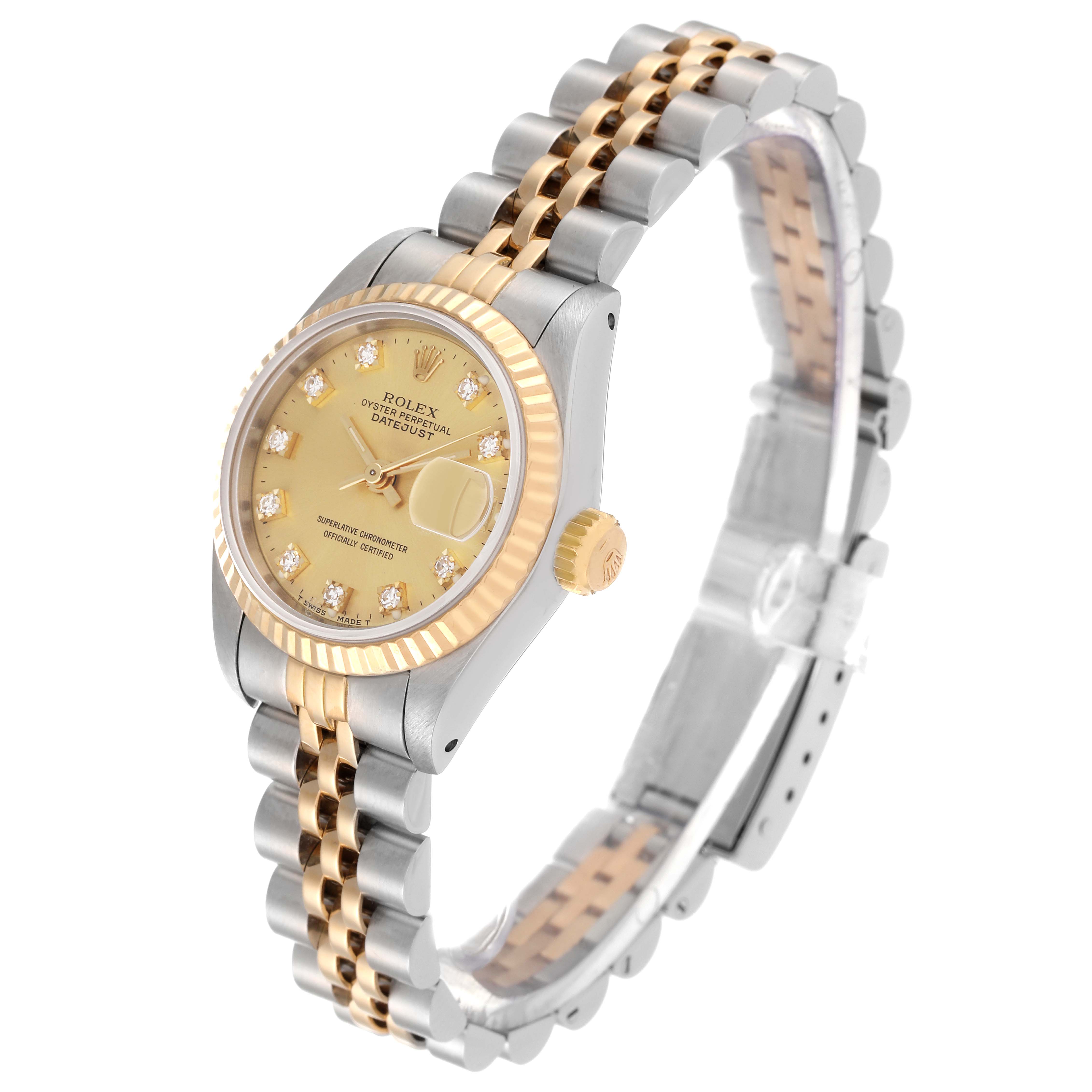 The Rolex Datejust 69173 Women's Steel and Gold (two tone) Champagne Dial 69173 Women's Steel and Gold (two tone) Champagne Dial watch is shown at a three-quarter angle, displaying its dial, bezel, crown, and Jubilee bracelet.