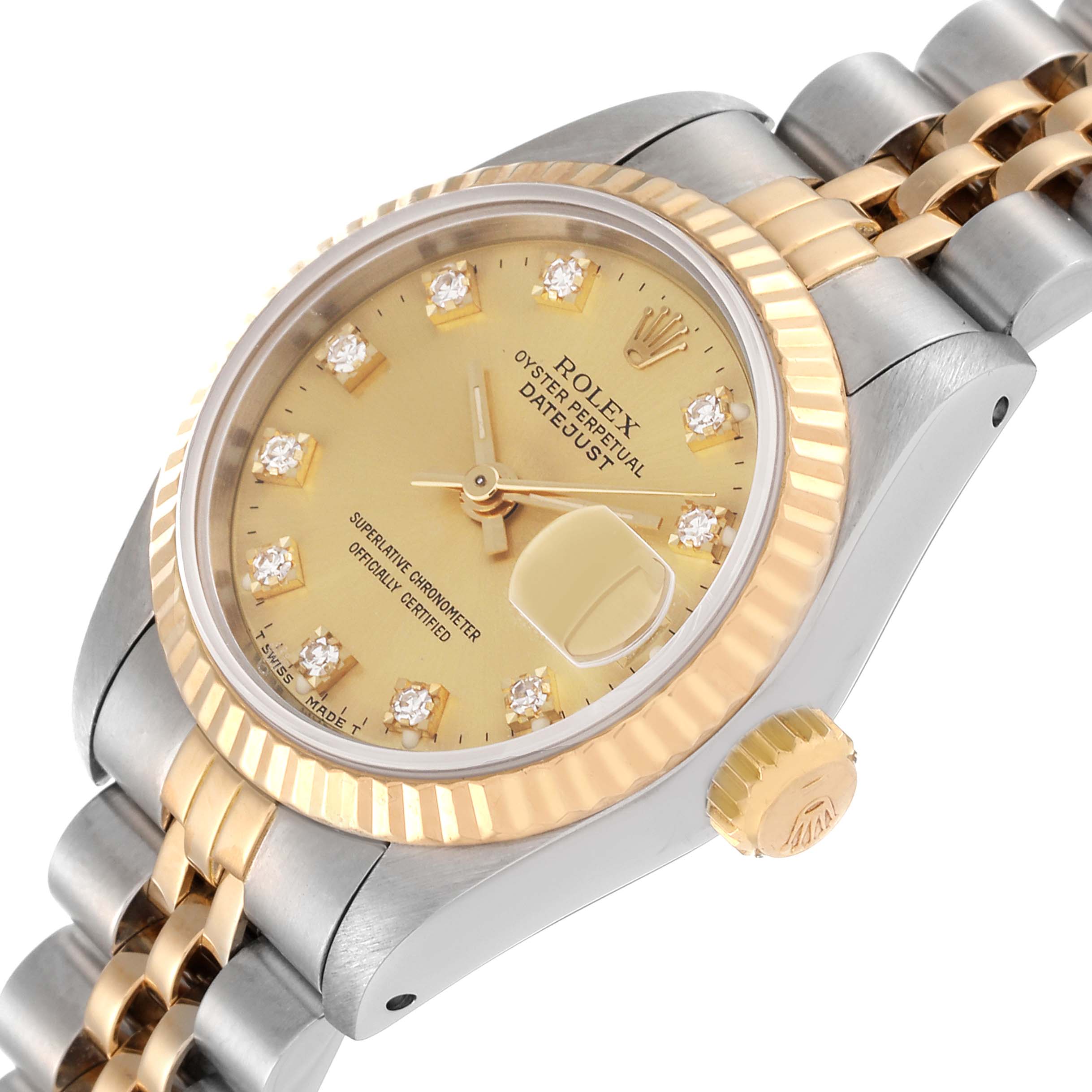 The Rolex Datejust 69173 Women's Steel and Gold (two tone) Champagne Dial 69173 Women's Steel and Gold (two tone) Champagne Dial watch is shown at a slight angle, displaying the face, fluted bezel, crown, and part of the bracelet.