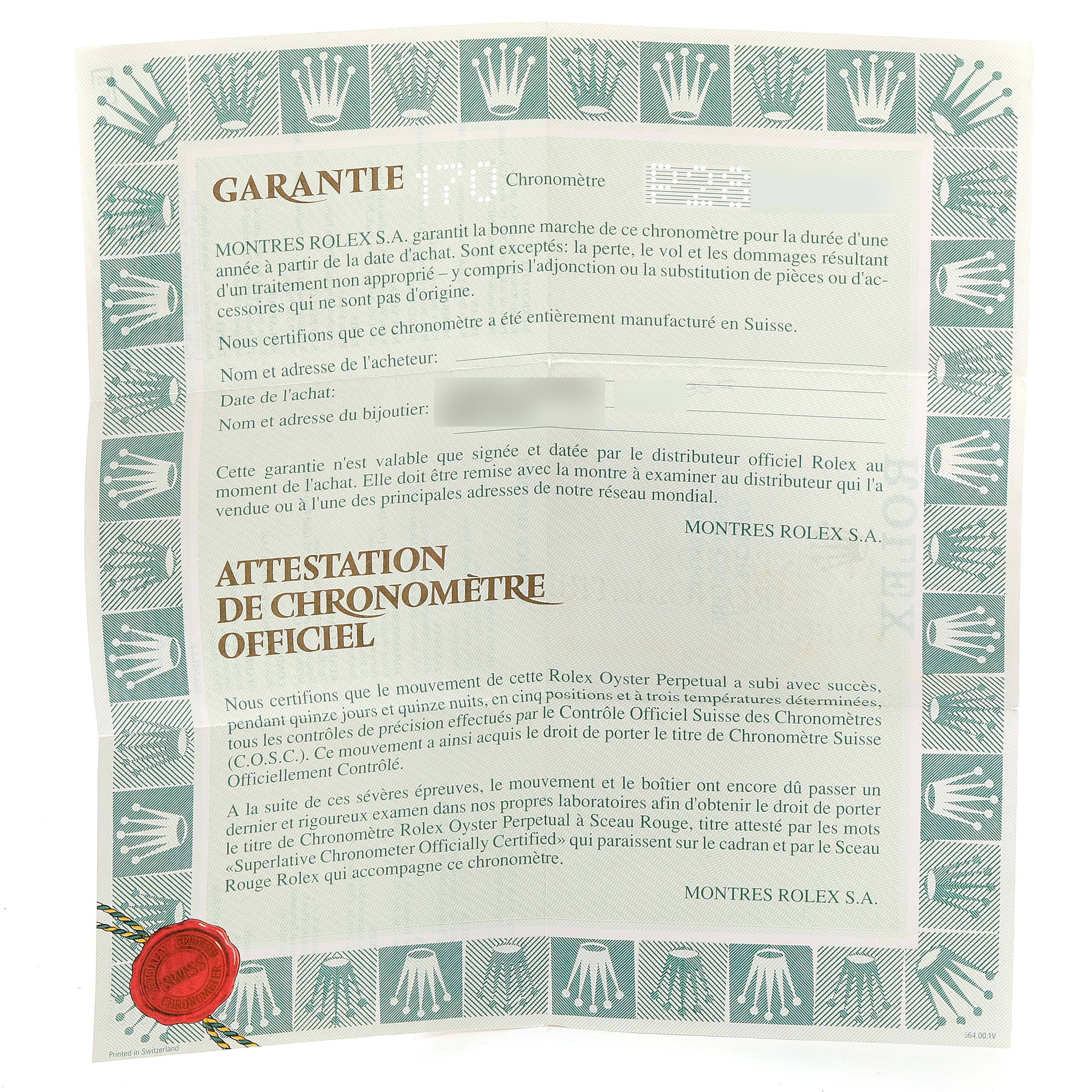 The image shows the warranty document for the Rolex Datejust 79173 Women's Steel and Gold (two tone) Black Dial 79173 Women's Steel and Gold (two tone) Black Dial model, viewed from above.