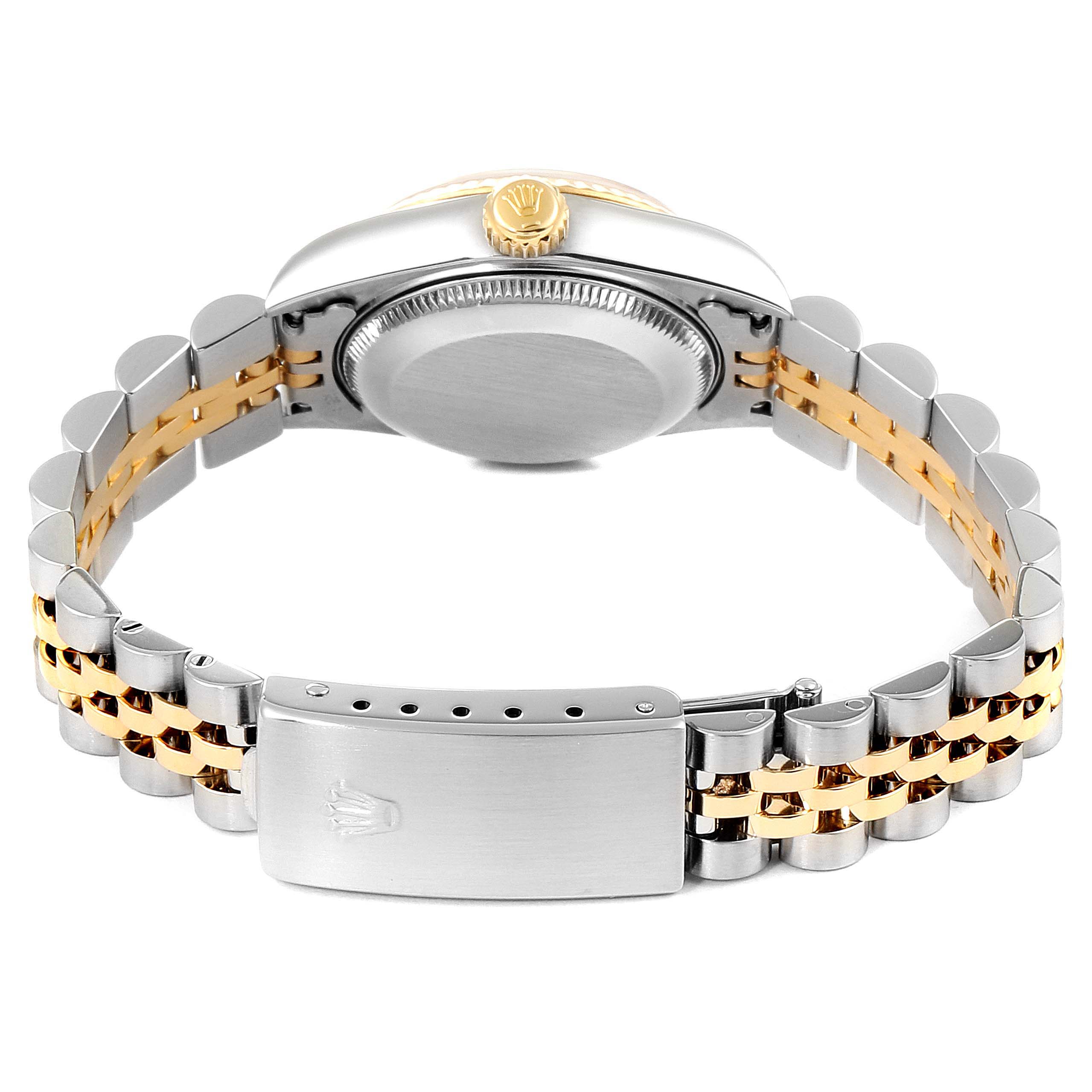 The image shows the back view of a Rolex Datejust 79173 Women's Steel and Gold (two tone) Black Dial 79173 Women's Steel and Gold (two tone) Black Dial watch, highlighting the case back, crown, and two-tone bracelet with clasp.