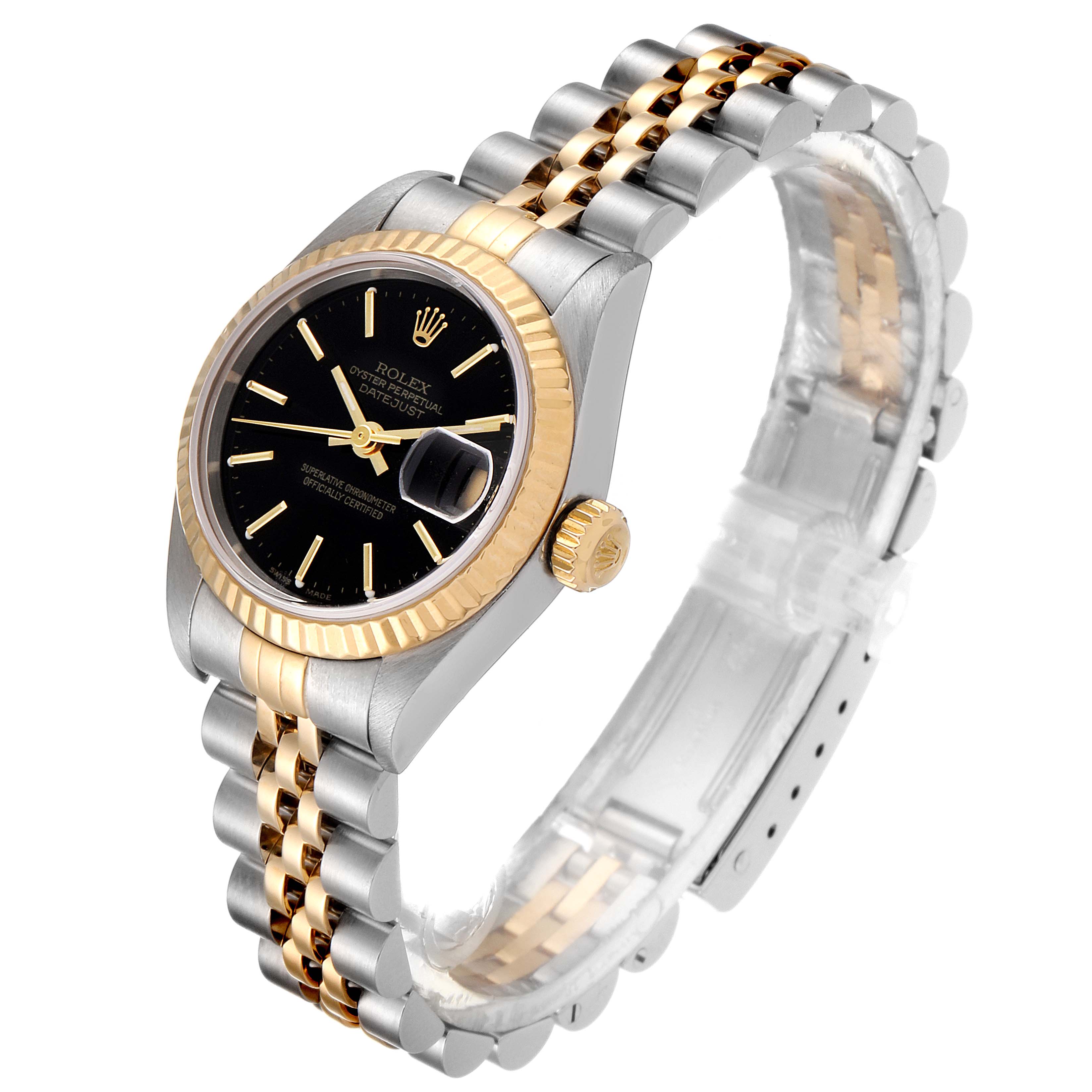 The Rolex Datejust 79173 Women's Steel and Gold (two tone) Black Dial 79173 Women's Steel and Gold (two tone) Black Dial watch is shown from a front angled view, displaying the face, bezel, crown, and bracelet.